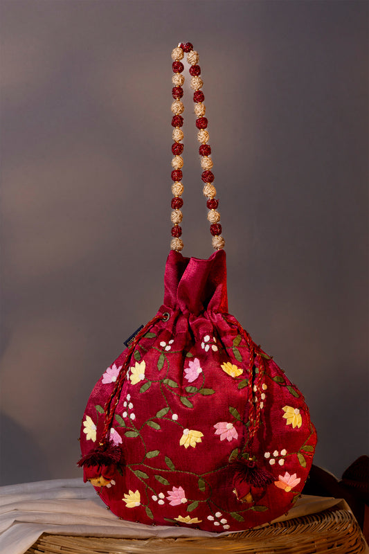 Floral Marron Applique Potli Bag