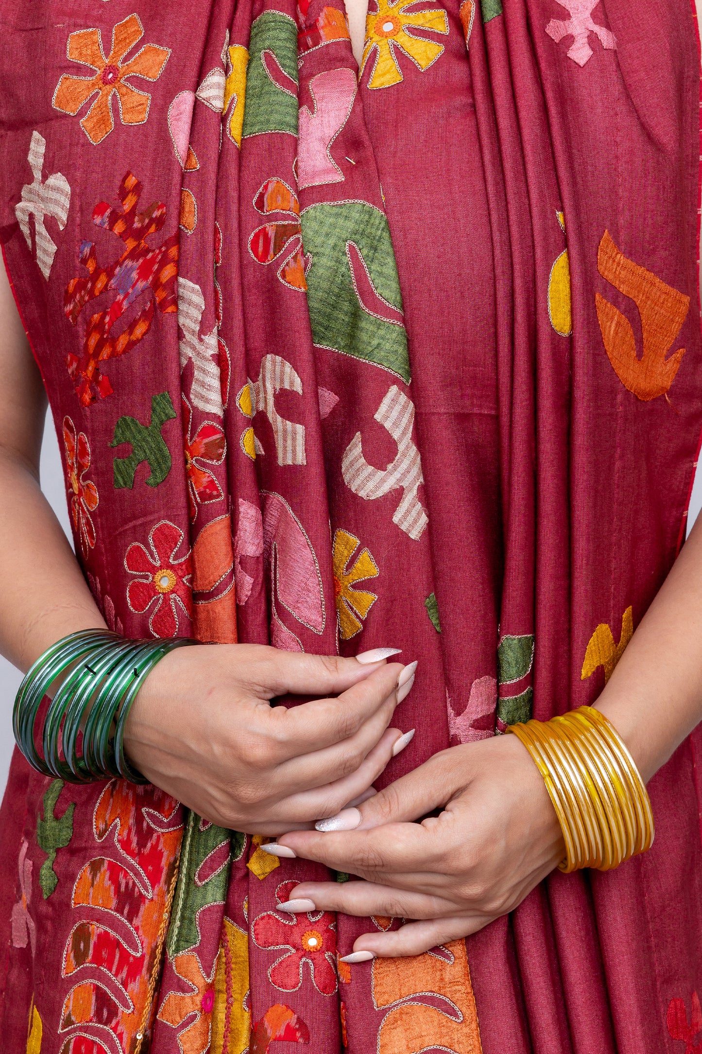 Exclusive Deep Red Satin Silk Saree With Hand-Cut Appliqué & Tassels