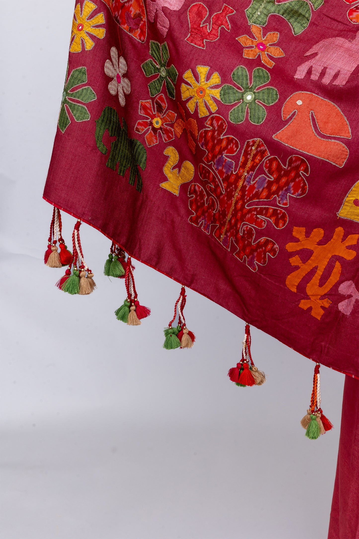 Exclusive Deep Red Satin Silk Saree With Hand-Cut Appliqué & Tassels
