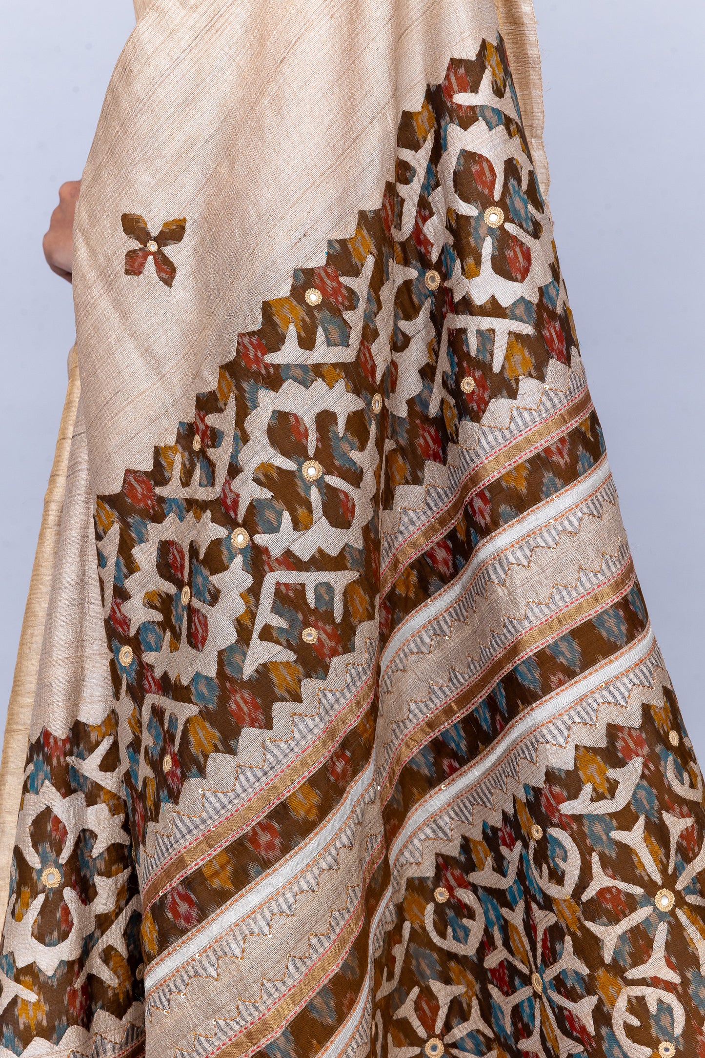 Artisanal Ivory Tussar Silk Saree With Subtle Appliqué Work