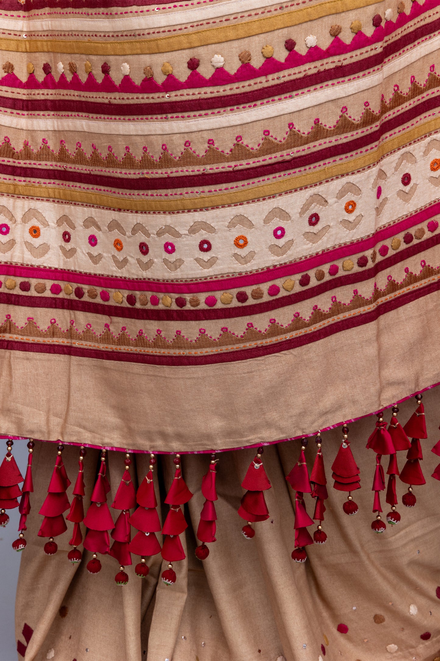 Luxury Satin Silk Saree in Beige With Red Hand Appliqué
