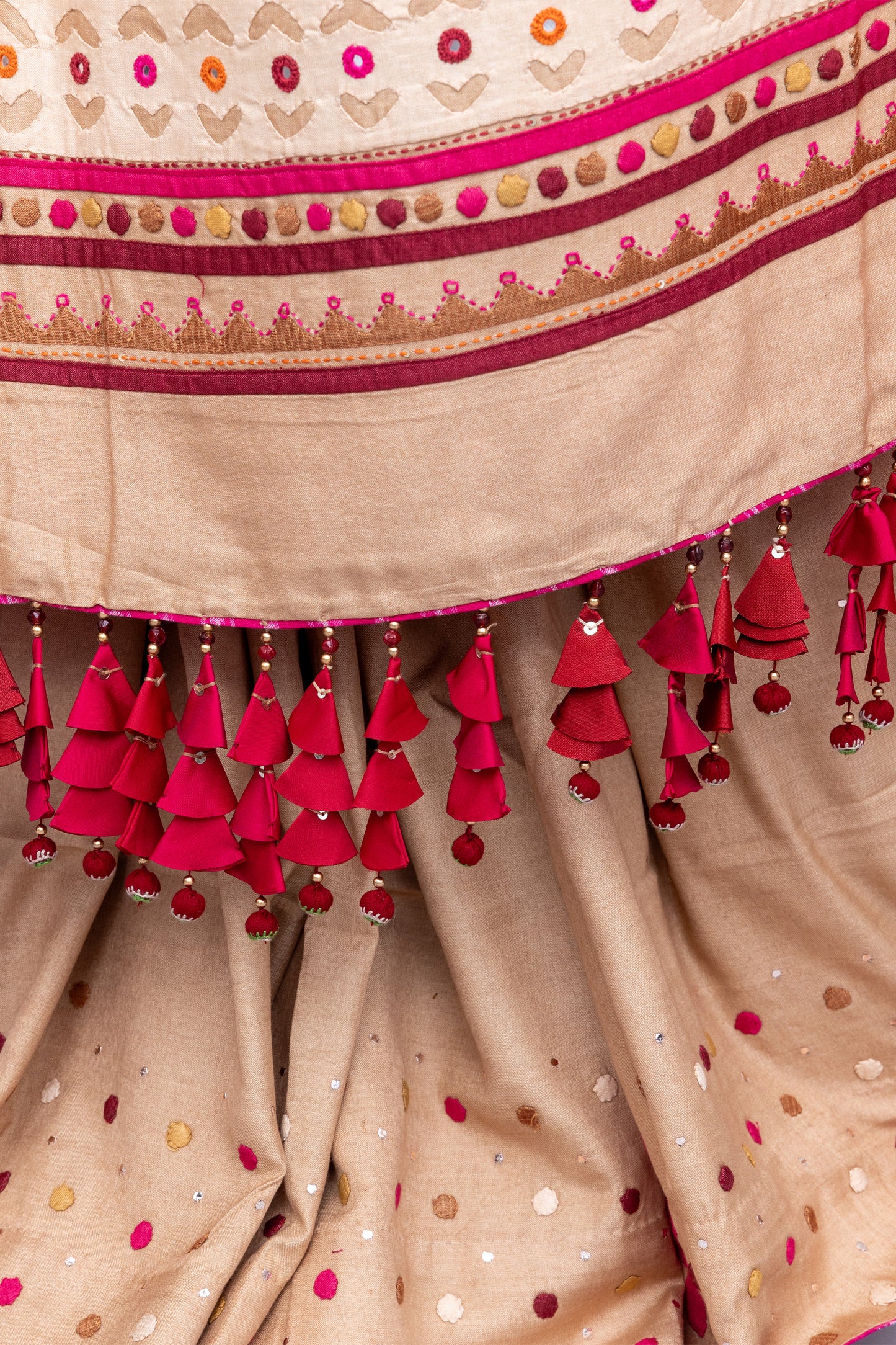 Luxury Satin Silk Saree in Beige With Red Hand Appliqué