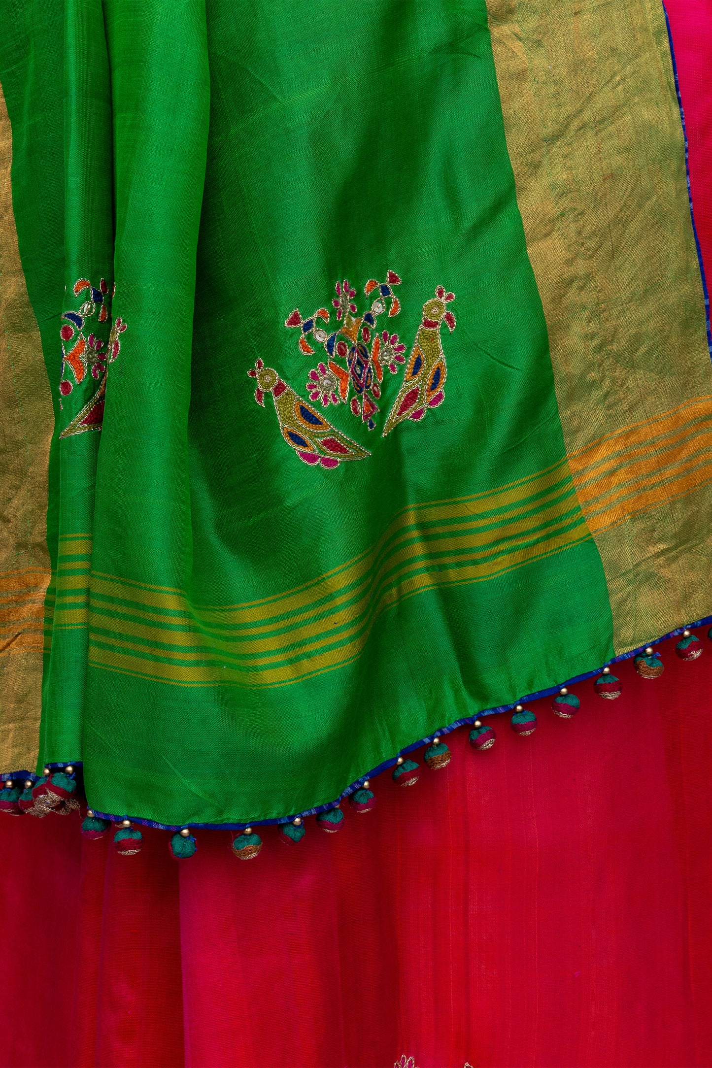 Festive Green-Pink Mulberry Silk Saree With Aari Needlework