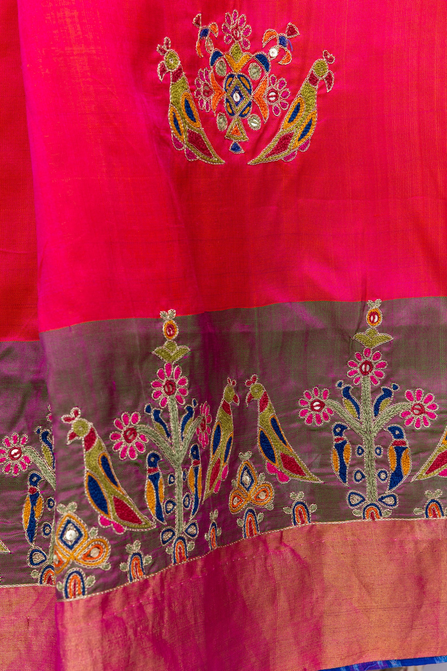 Festive Green-Pink Mulberry Silk Saree With Aari Needlework