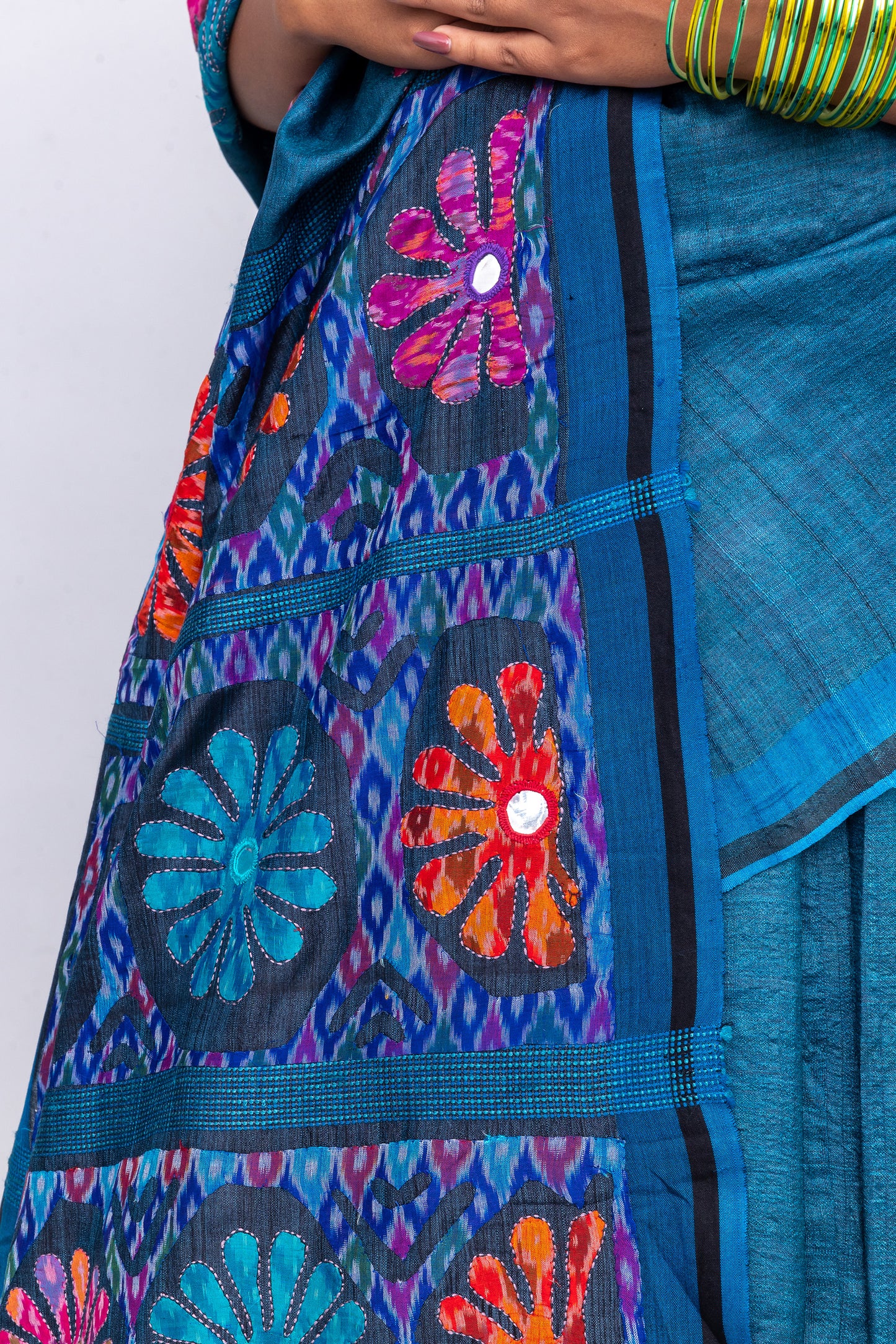 Handcrafted Blue Tussar Silk Saree – Artisanal Appliqué Elegance