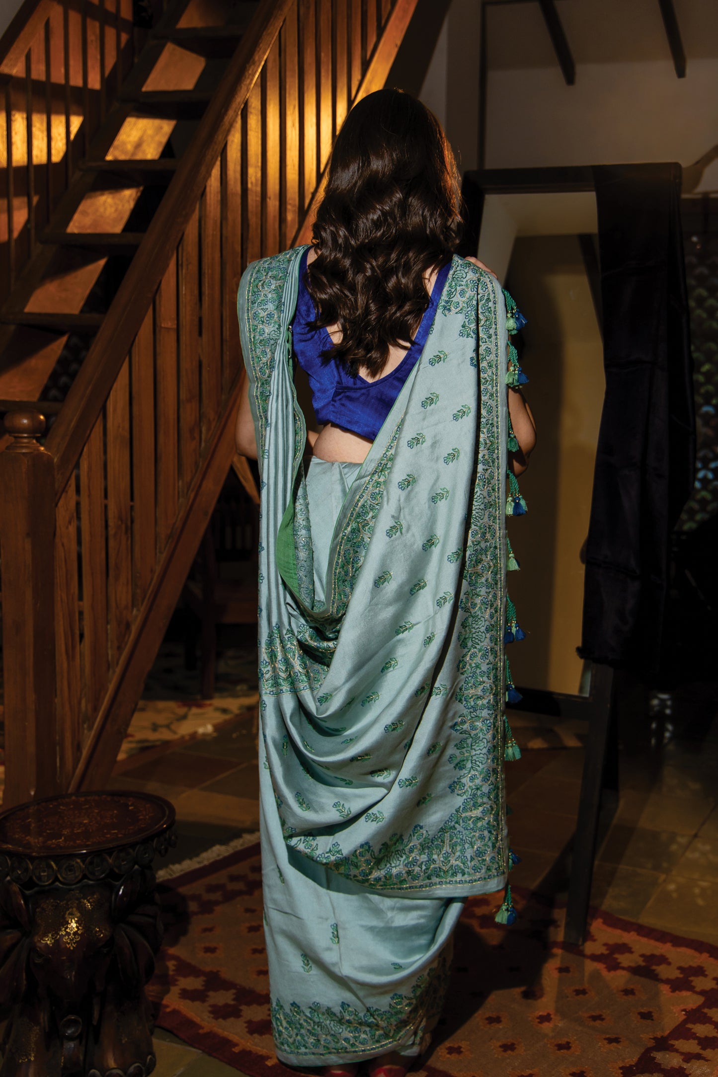 Ice Blue Satin Silk Saree with Aari Work