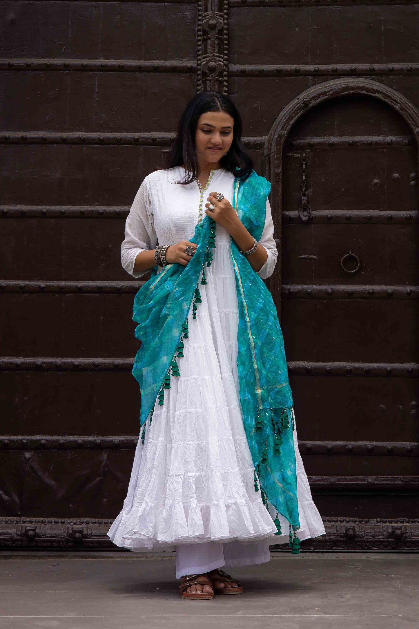 Rama Green Kota Doria Dupatta With Crafted Tassels