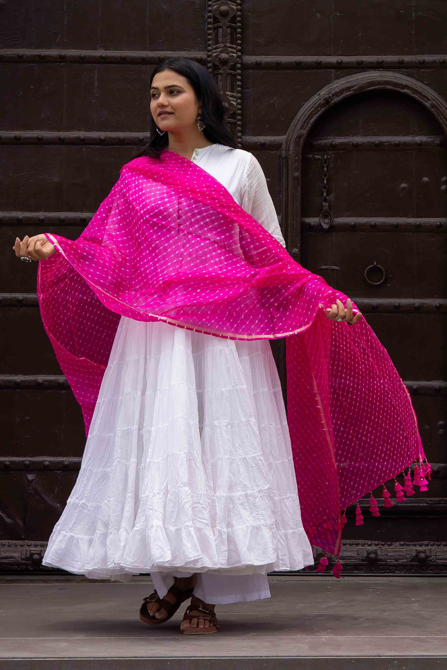 Pink Kota Doria Dupatta With Artisanal Tassels