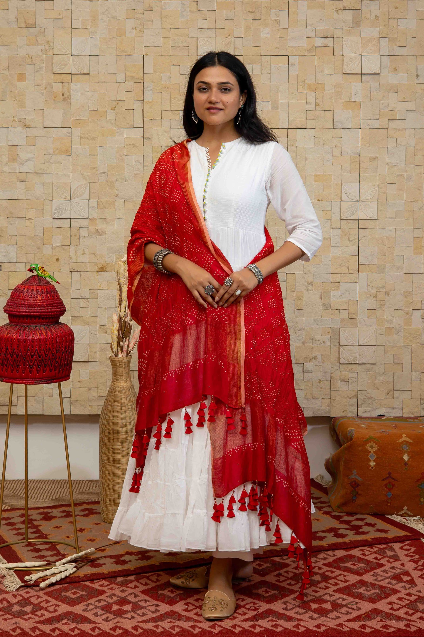 Bandhej Dupatta In Orange-red With Badla Work And Lined With Tassels