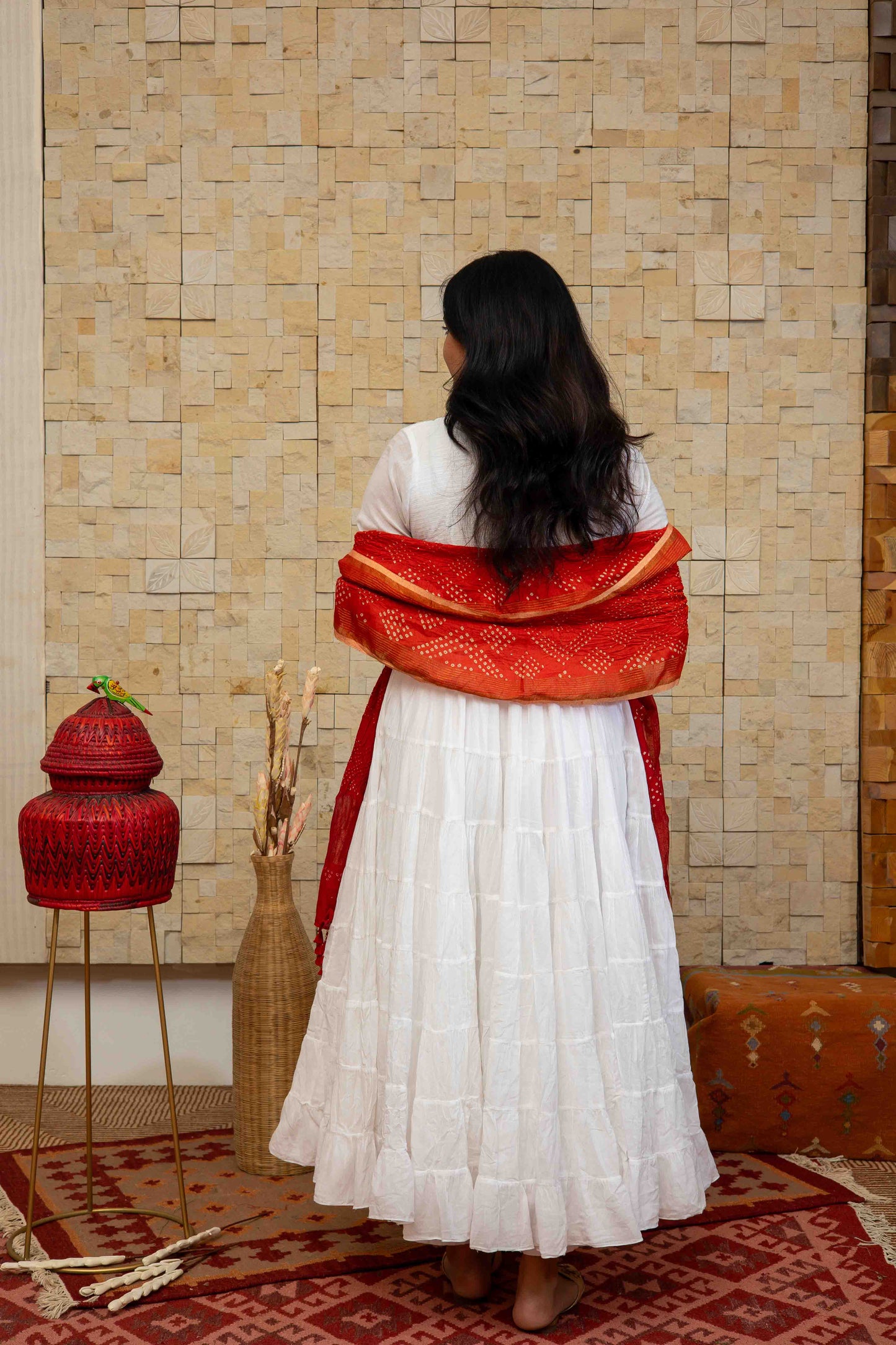 Bandhej Dupatta In Orange-red With Badla Work And Lined With Tassels