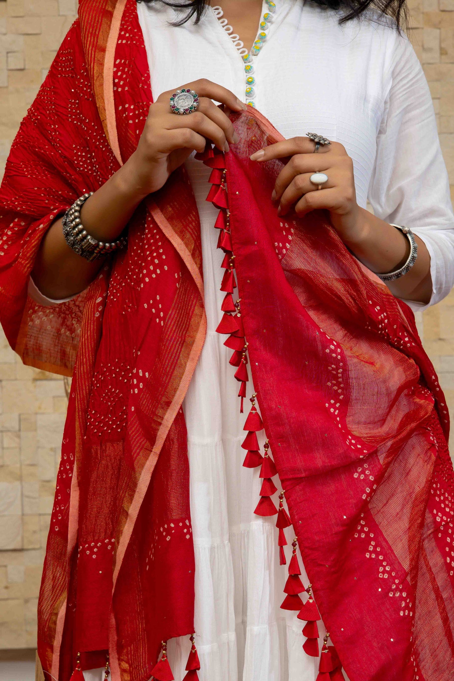 Bandhej Dupatta In Orange-red With Badla Work And Lined With Tassels