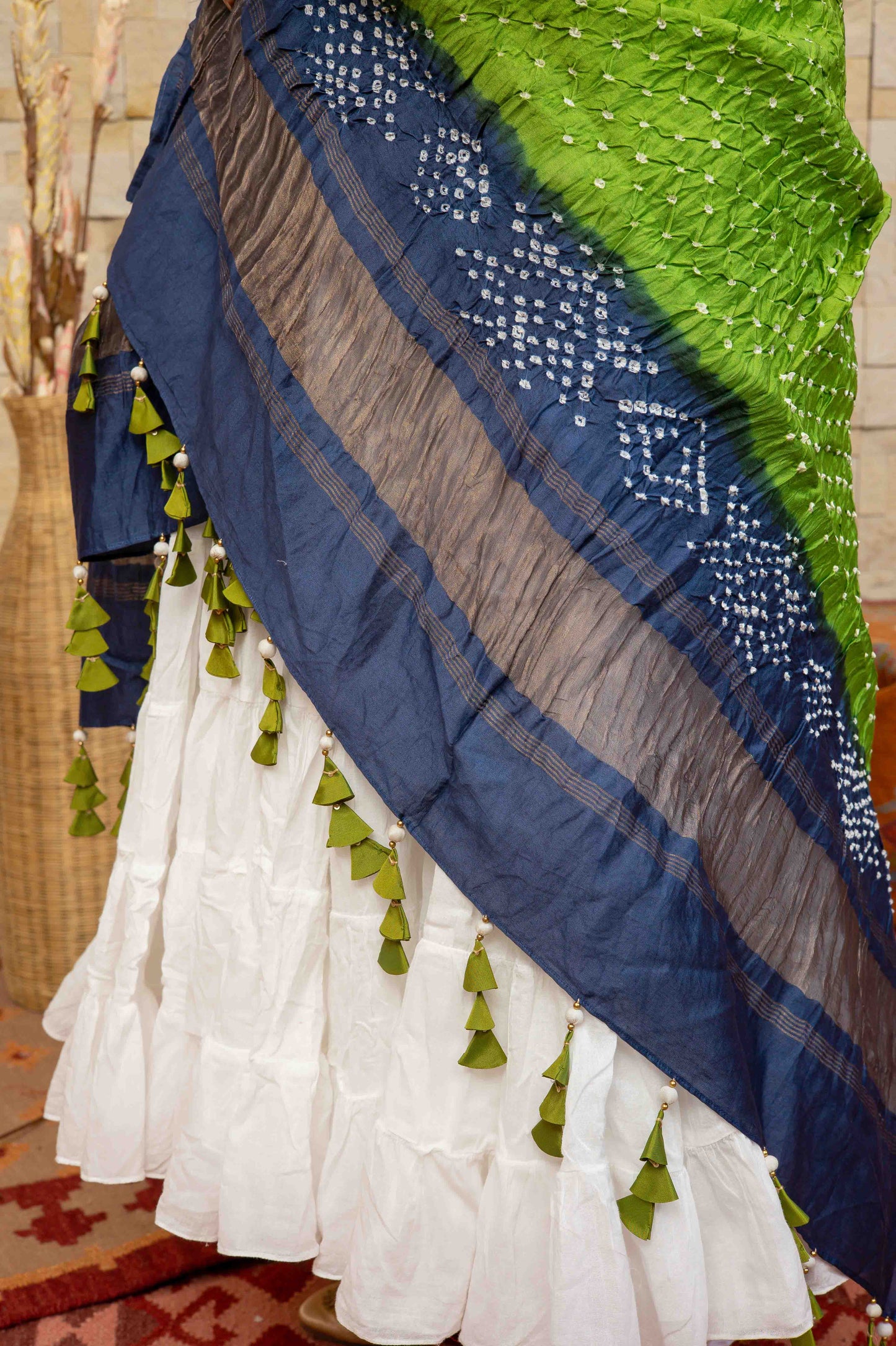 Green Bandhej Dupatta With Tassels