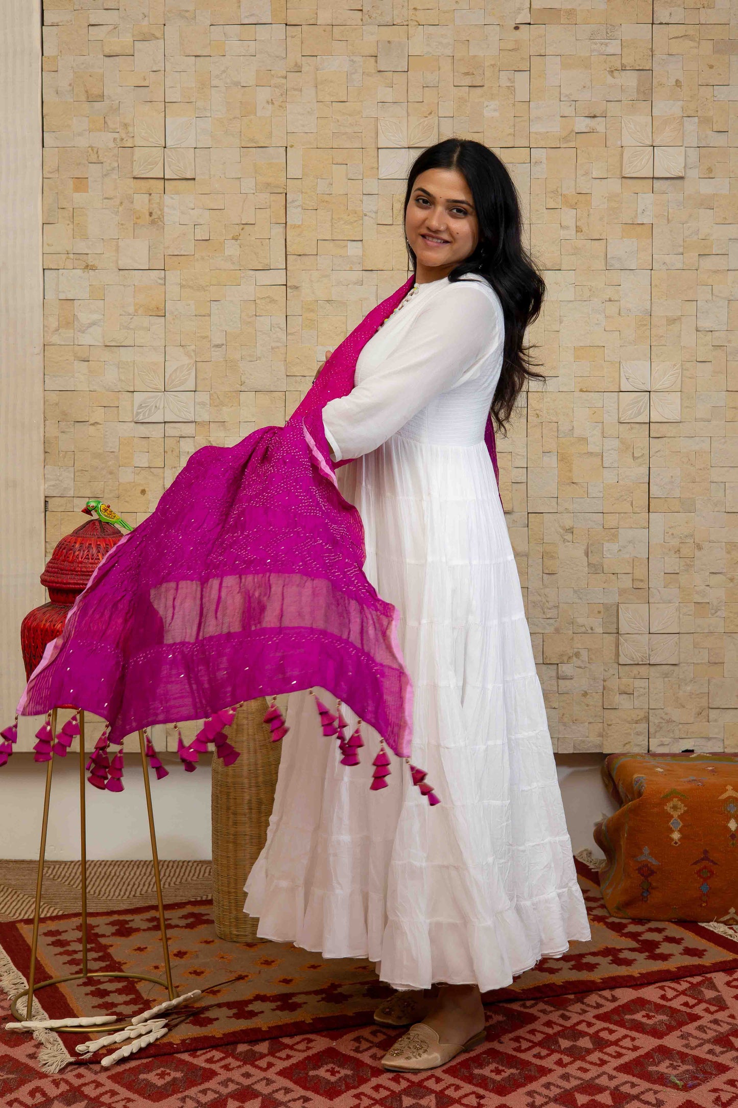 Pink-purple Bandhani Dupatta With Badla Work And Tassels