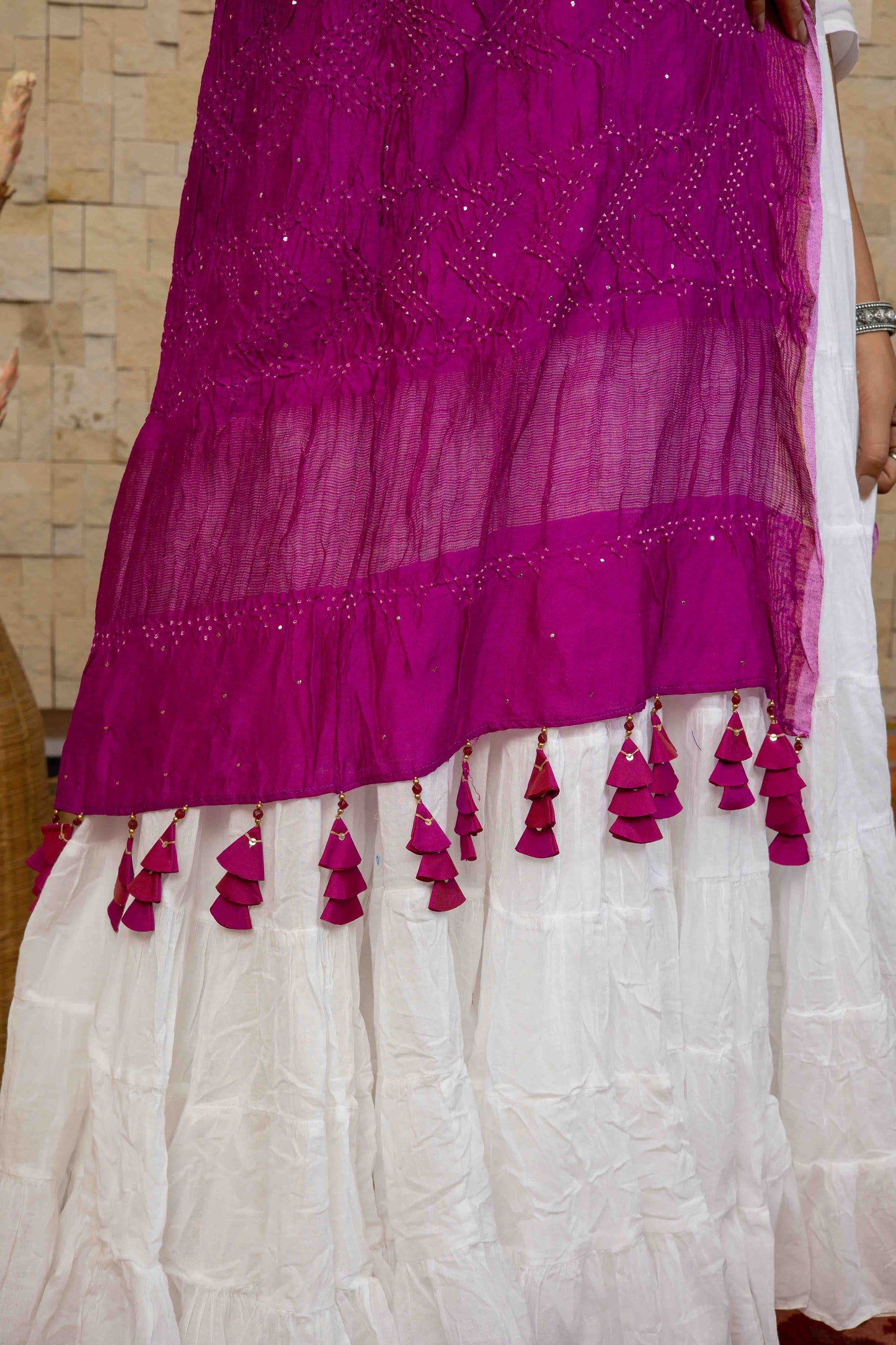 Pink-purple Bandhani Dupatta With Badla Work And Tassels