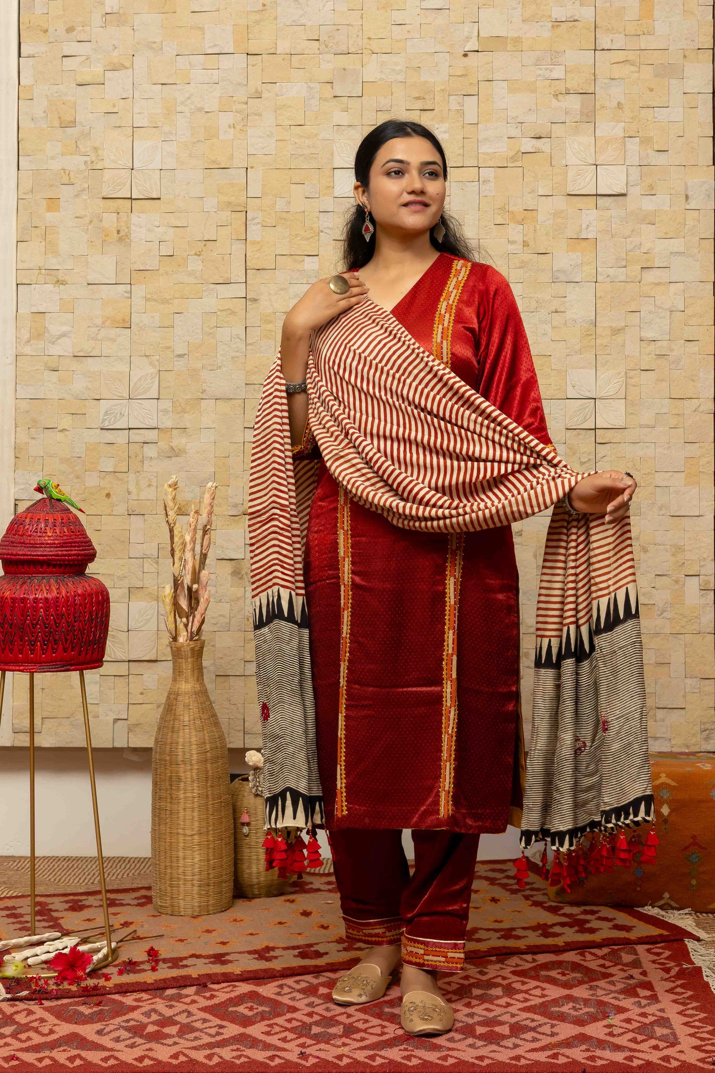 Cream Block-printed Dupatta with Red stripes and Grey highlight, lined with Tassels