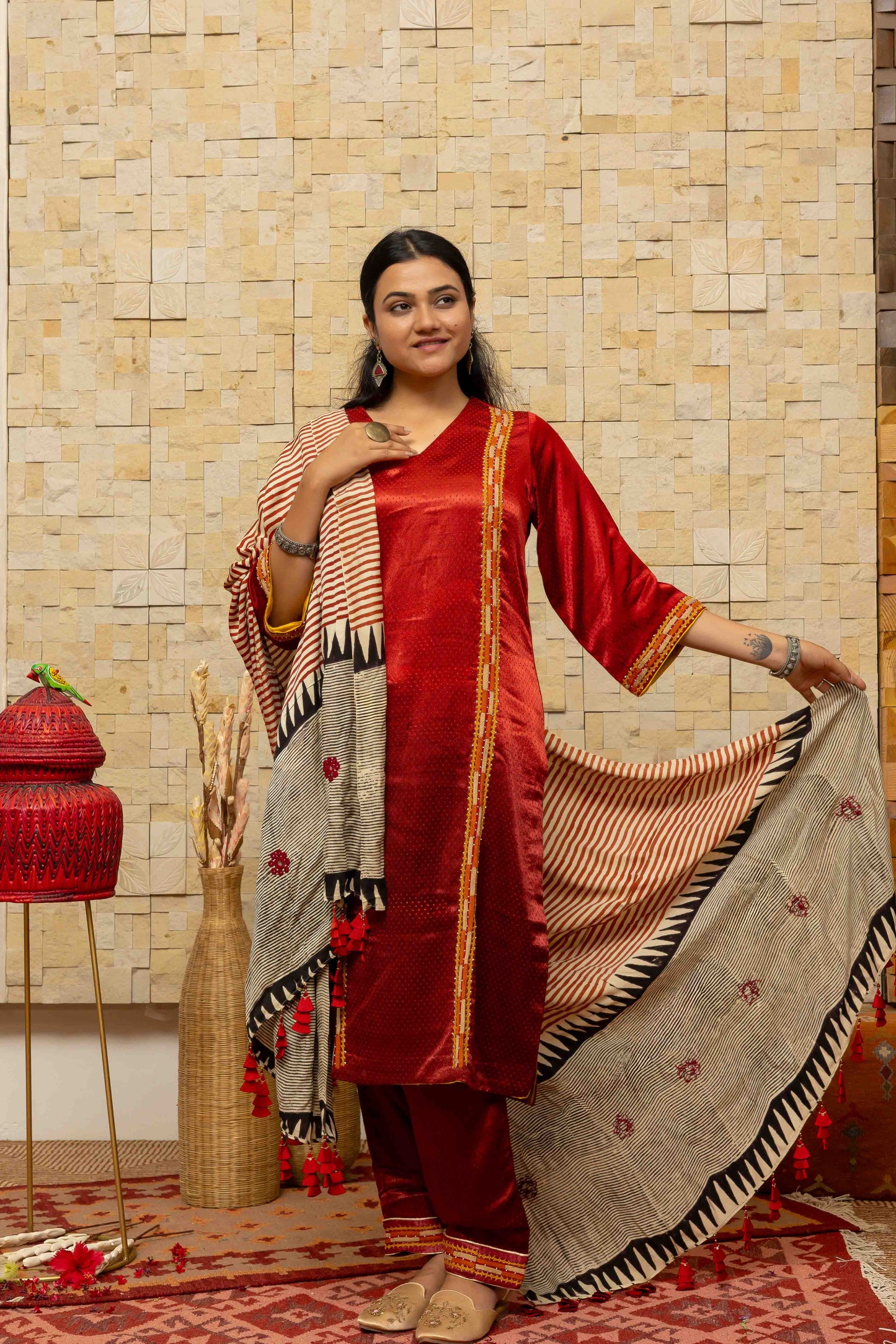 Cream Block-printed Dupatta with Red stripes and Grey highlight, lined with Tassels