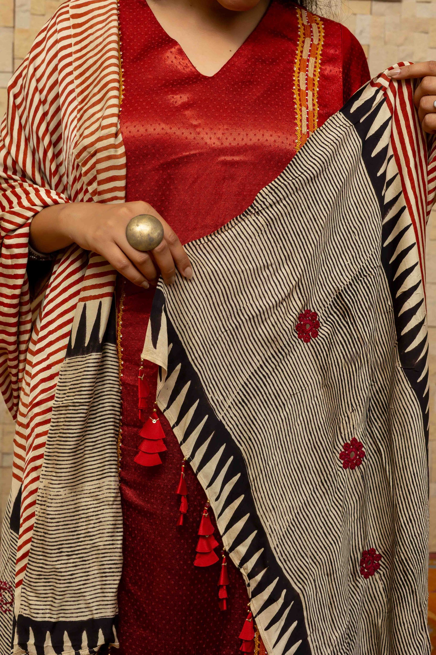 Cream Block-printed Dupatta with Red stripes and Grey highlight, lined with Tassels