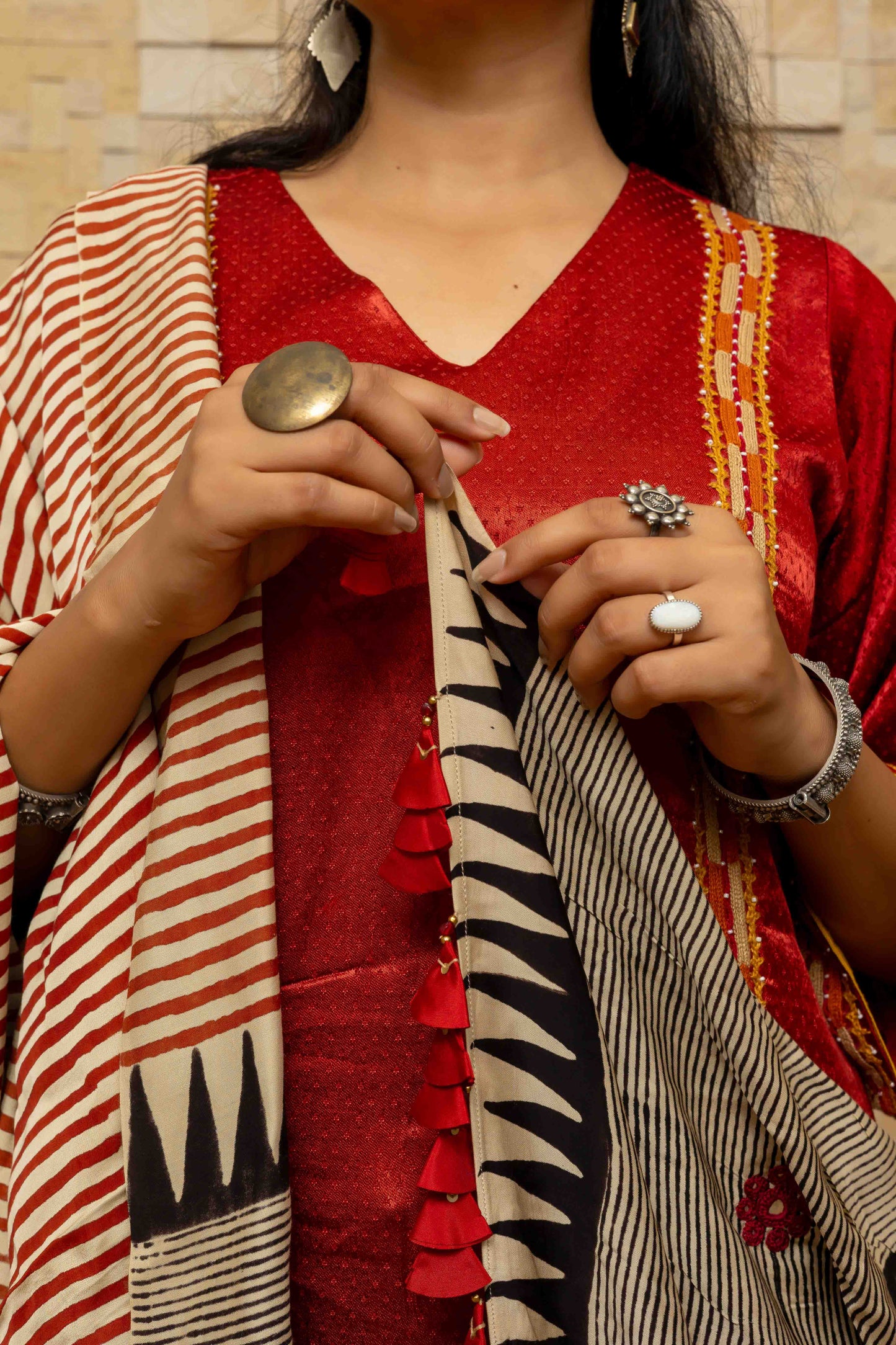 Cream Block-printed Dupatta with Red stripes and Grey highlight, lined with Tassels