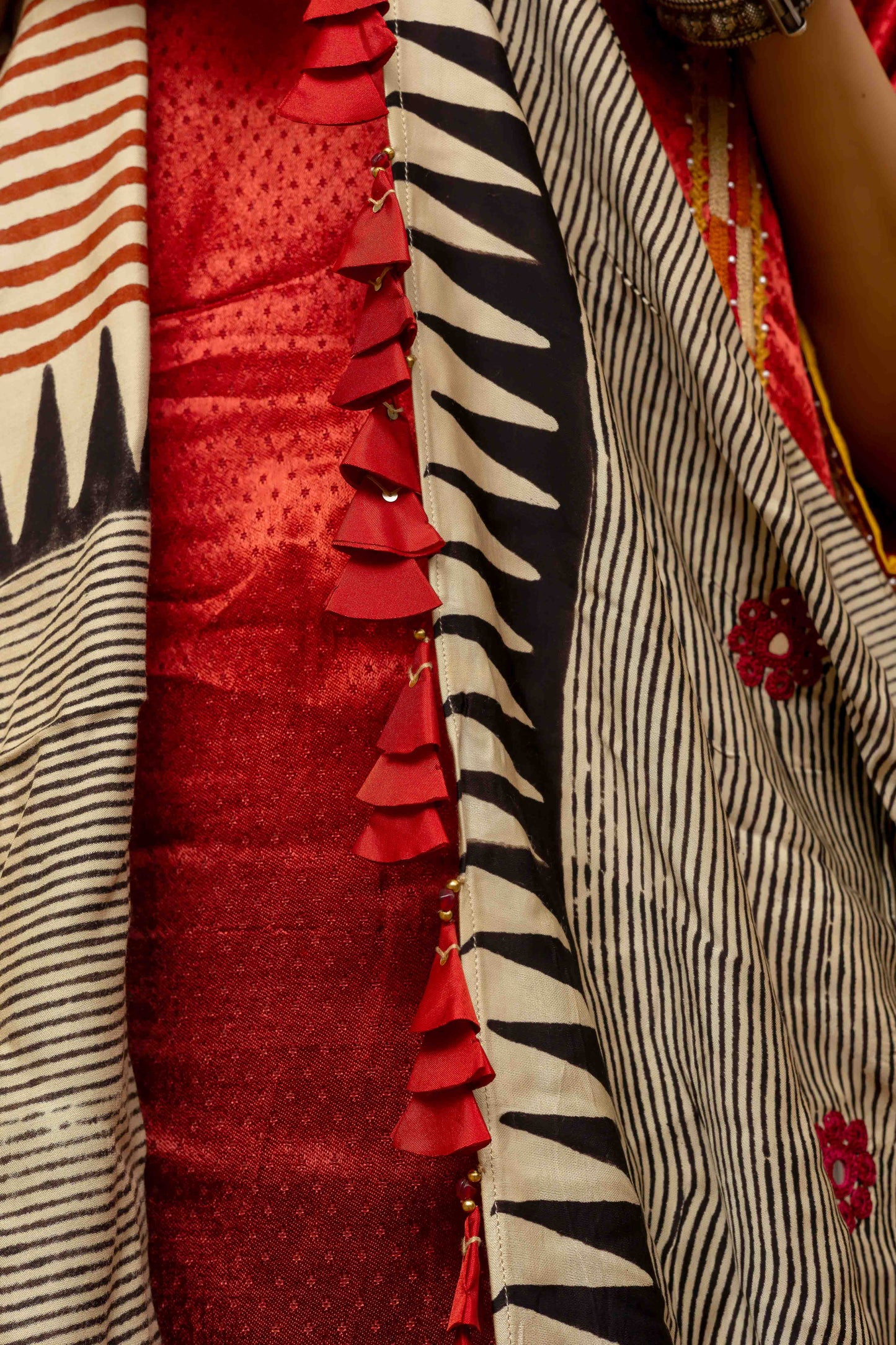 Cream Block-printed Dupatta with Red stripes and Grey highlight, lined with Tassels