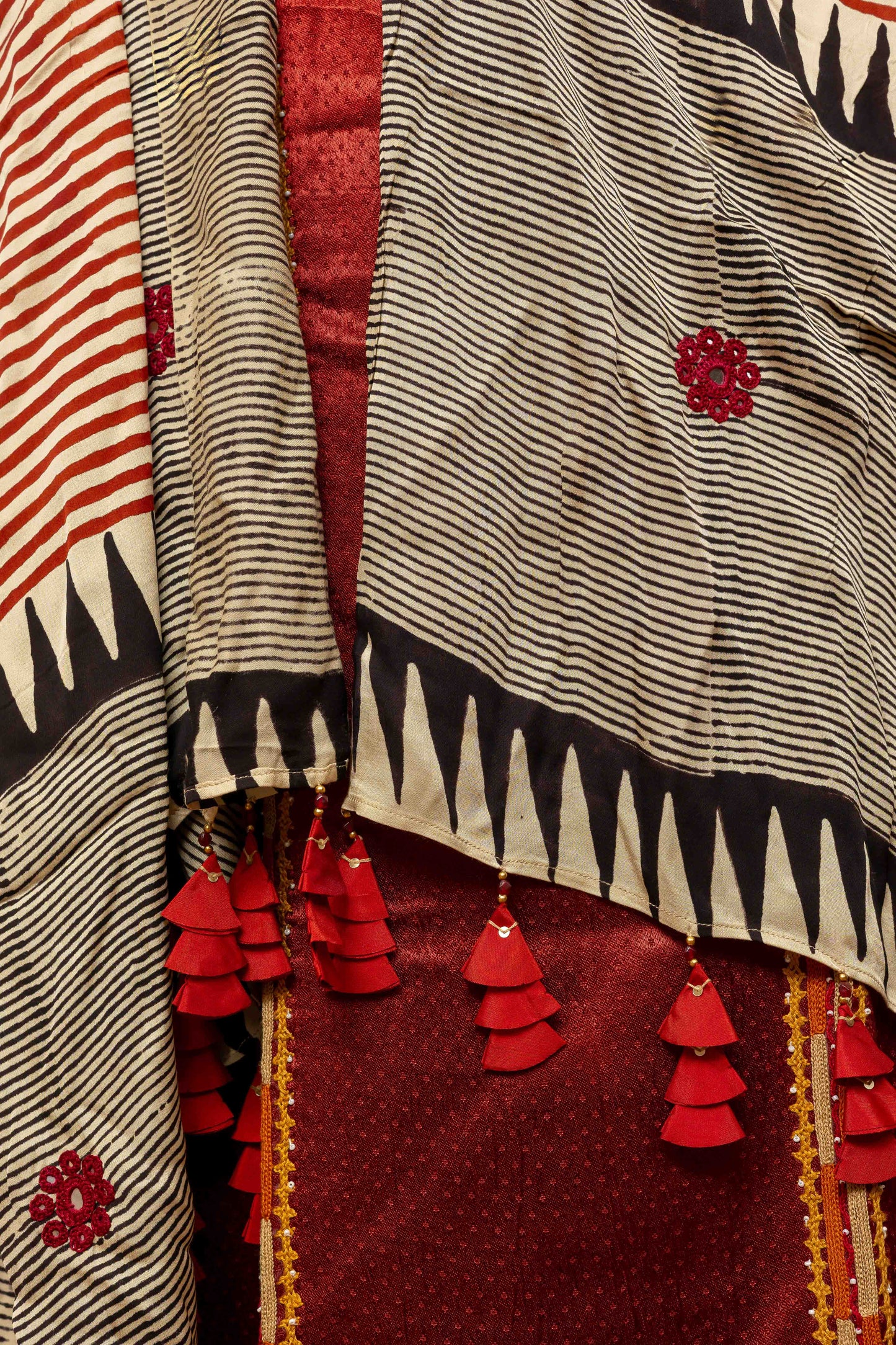 Cream Block-printed Dupatta with Red stripes and Grey highlight, lined with Tassels