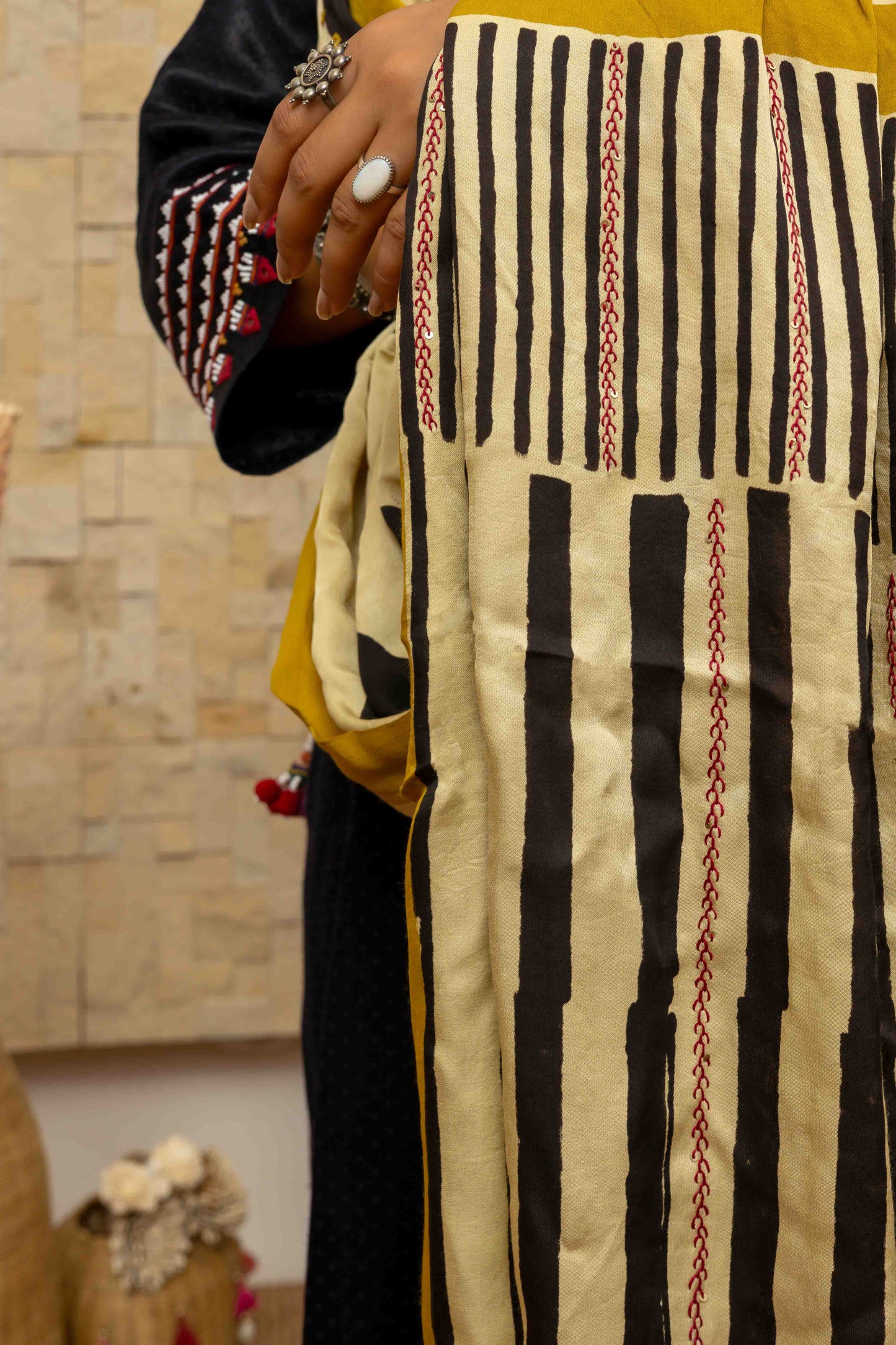 Cream dupatta with Black Block-printed patterns and Tassels