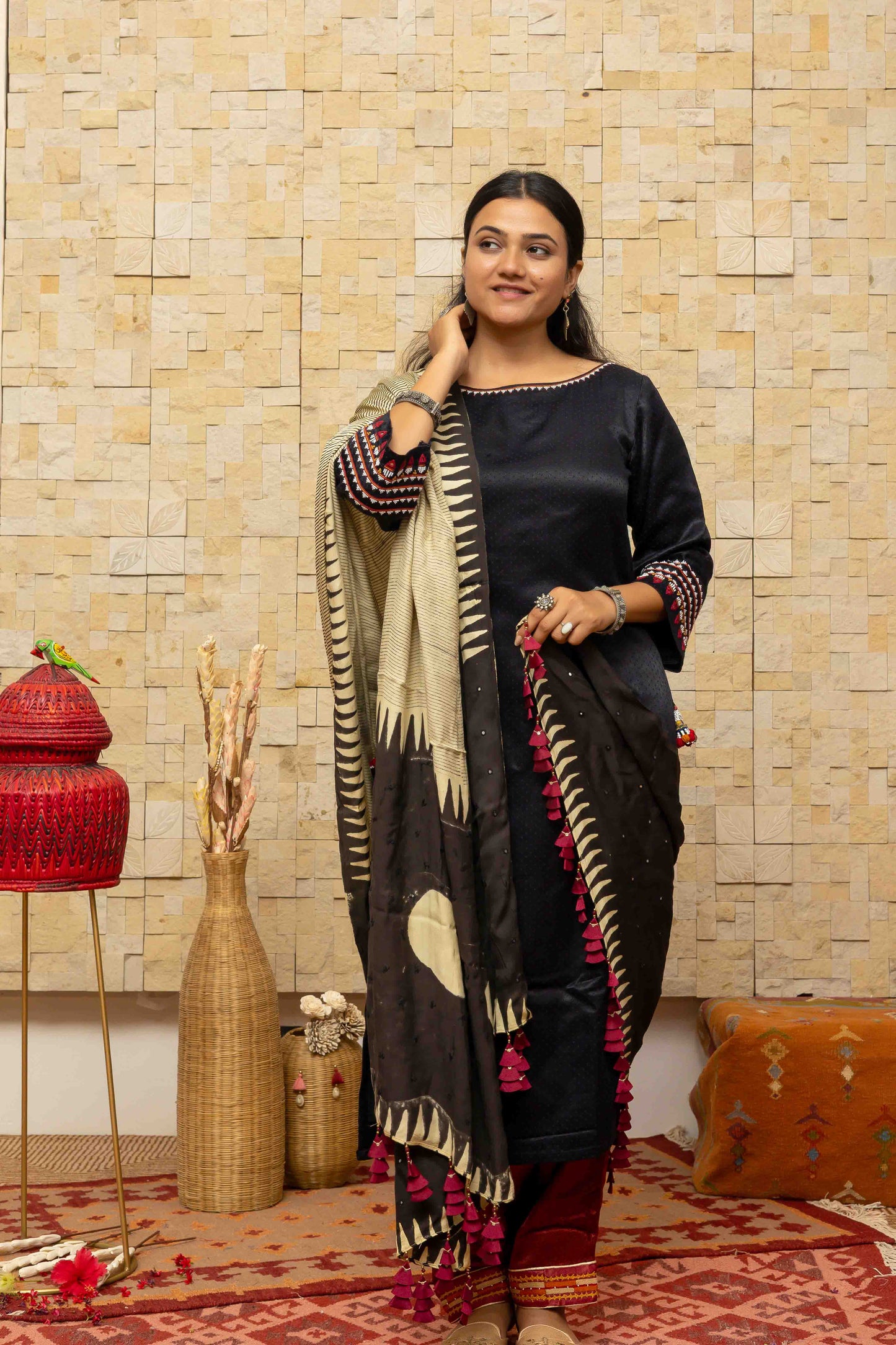 Cream and Black Block-printed Dupatta with Red Tassels