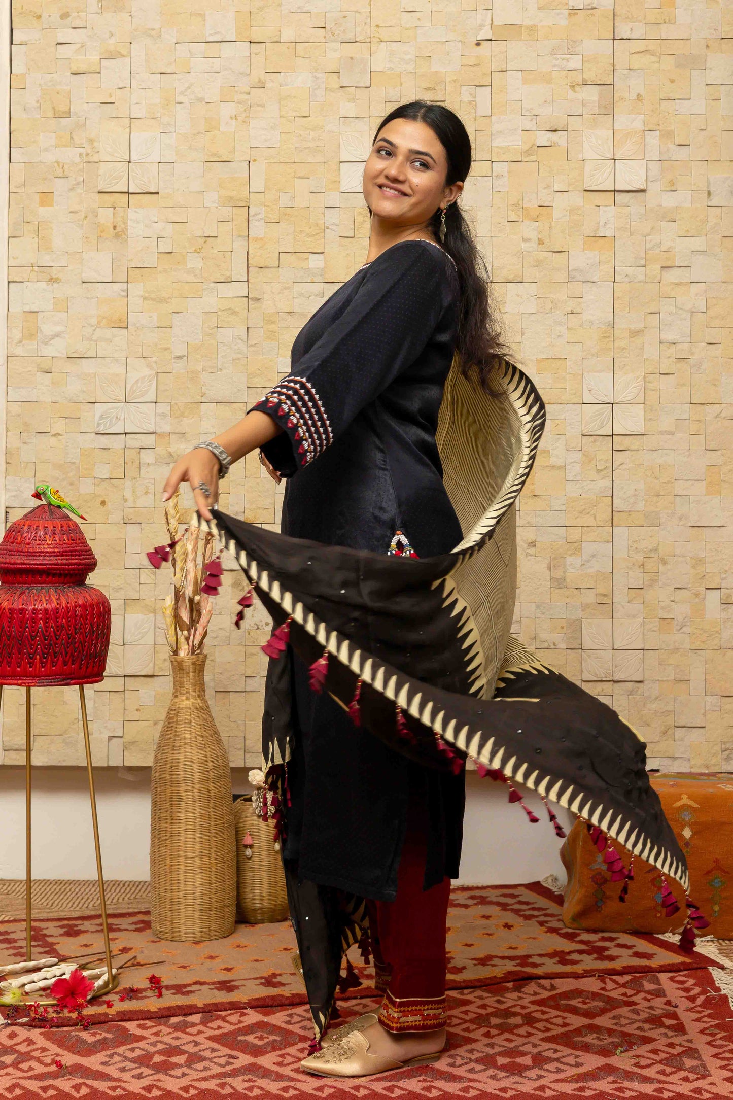 Cream and Black Block-printed Dupatta with Red Tassels