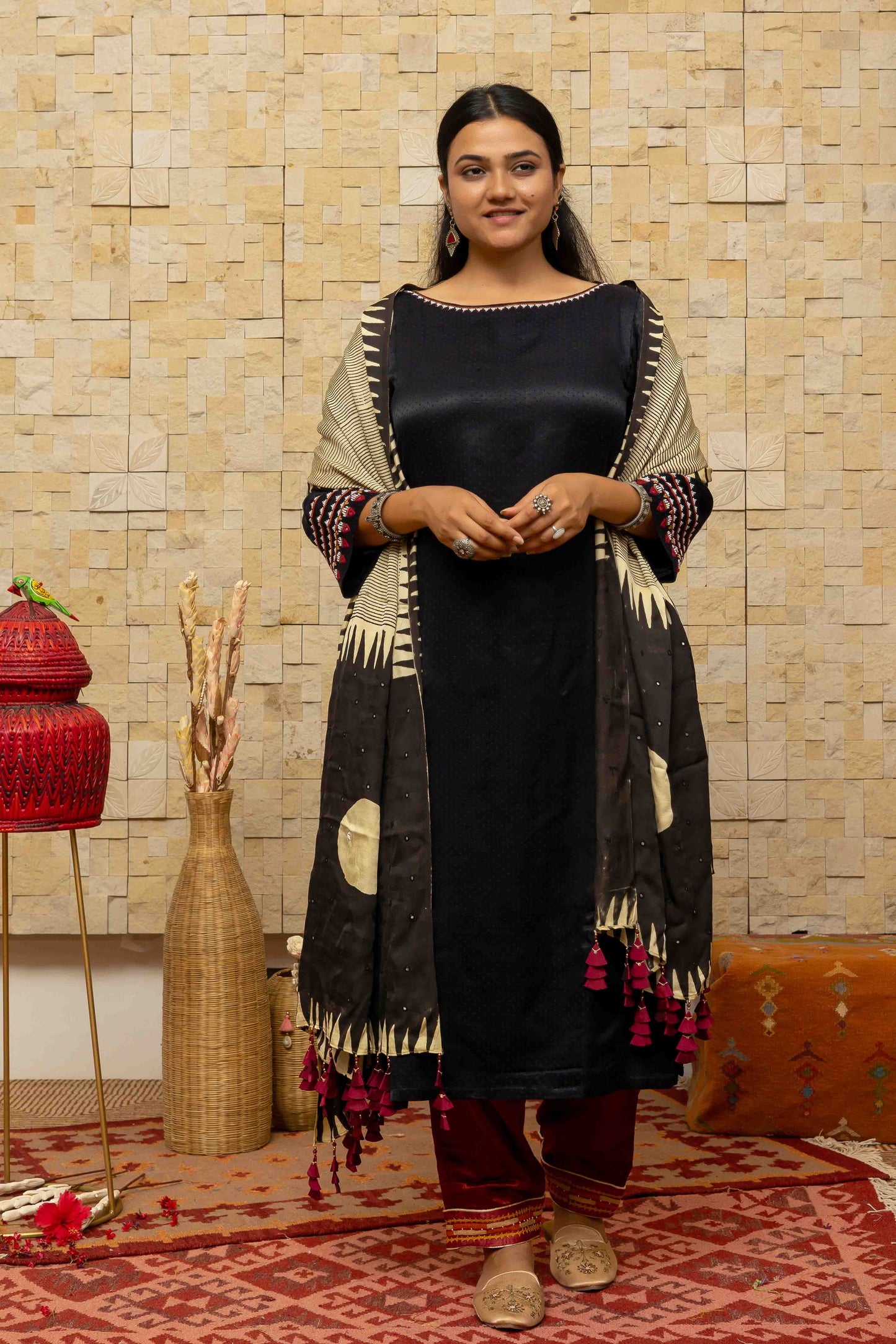Cream and Black Block-printed Dupatta with Red Tassels