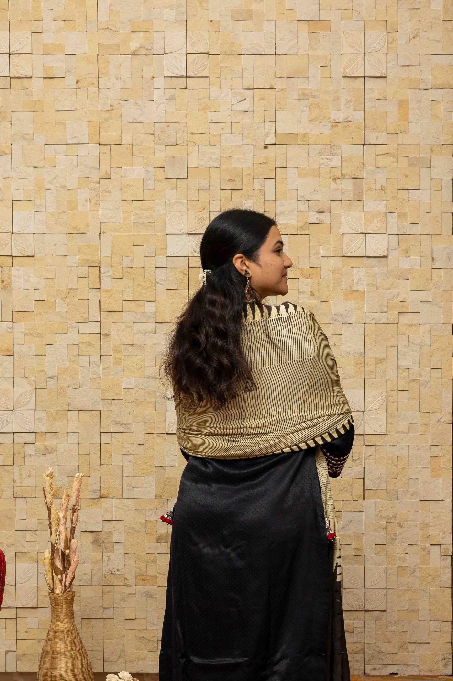 Cream and Black Block-printed Dupatta with Red Tassels