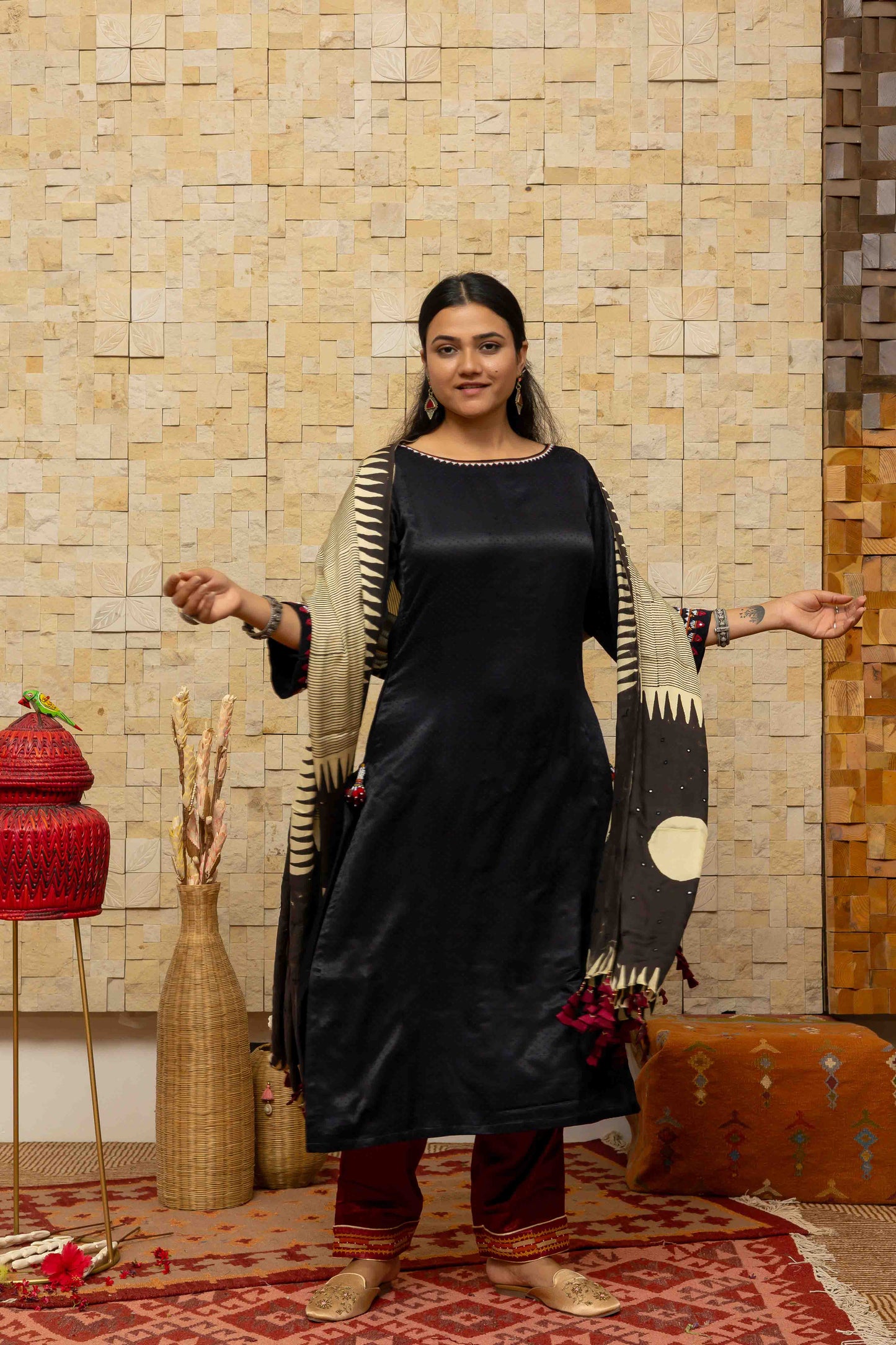 Cream and Black Block-printed Dupatta with Red Tassels