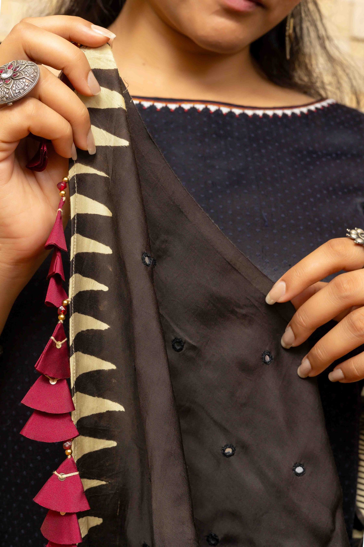 Cream and Black Block-printed Dupatta with Red Tassels