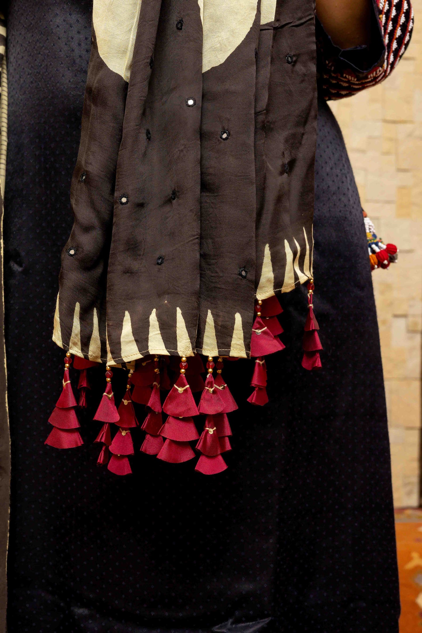 Cream and Black Block-printed Dupatta with Red Tassels