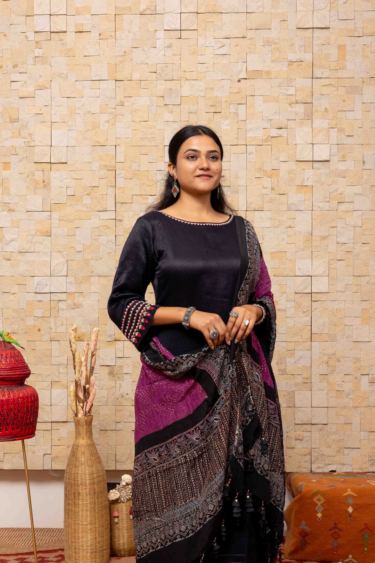 Vibrant Purple Ajrakh Bandhani Dupatta With Tassels