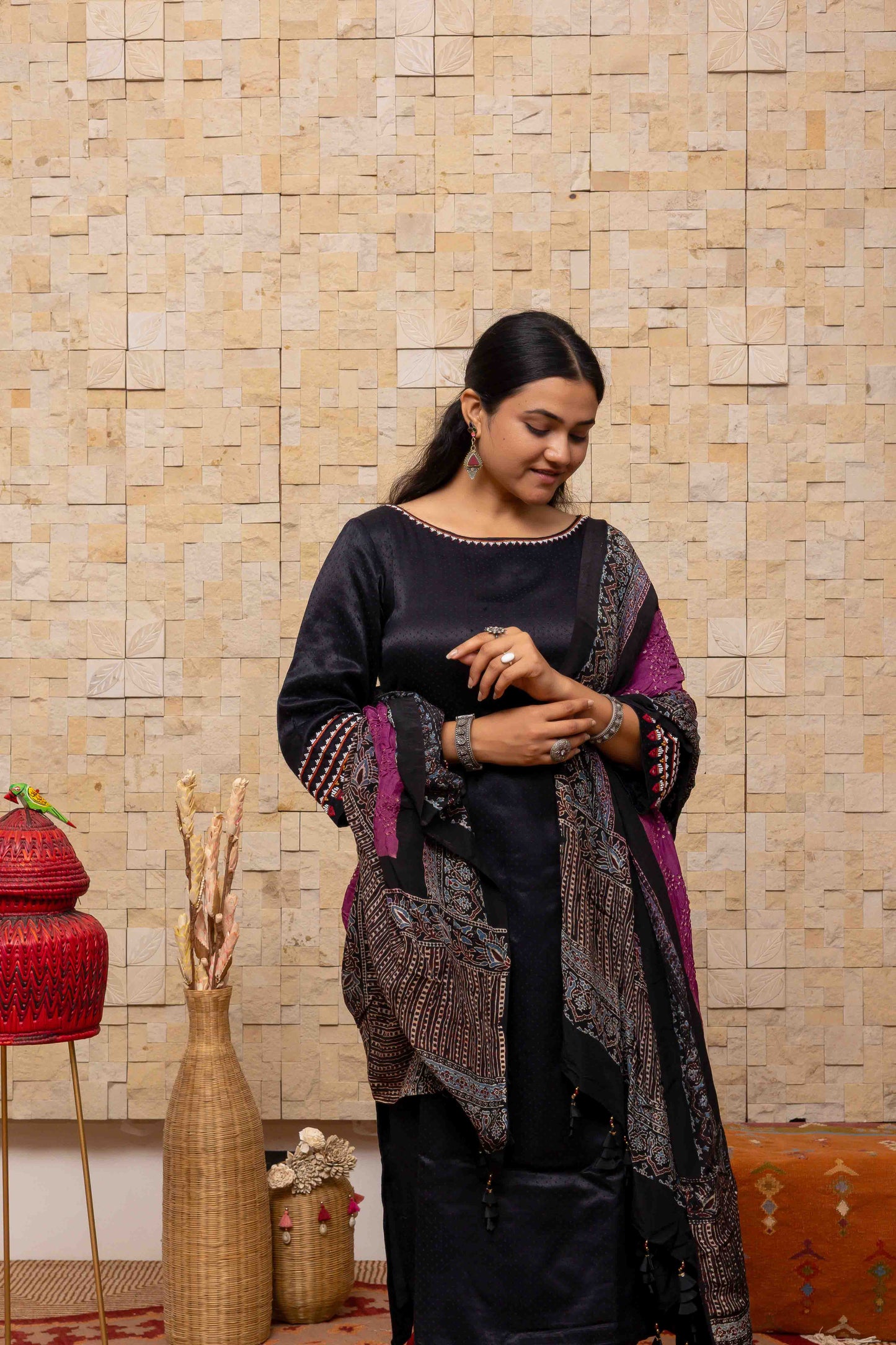 Vibrant Purple Ajrakh Bandhani Dupatta With Tassels
