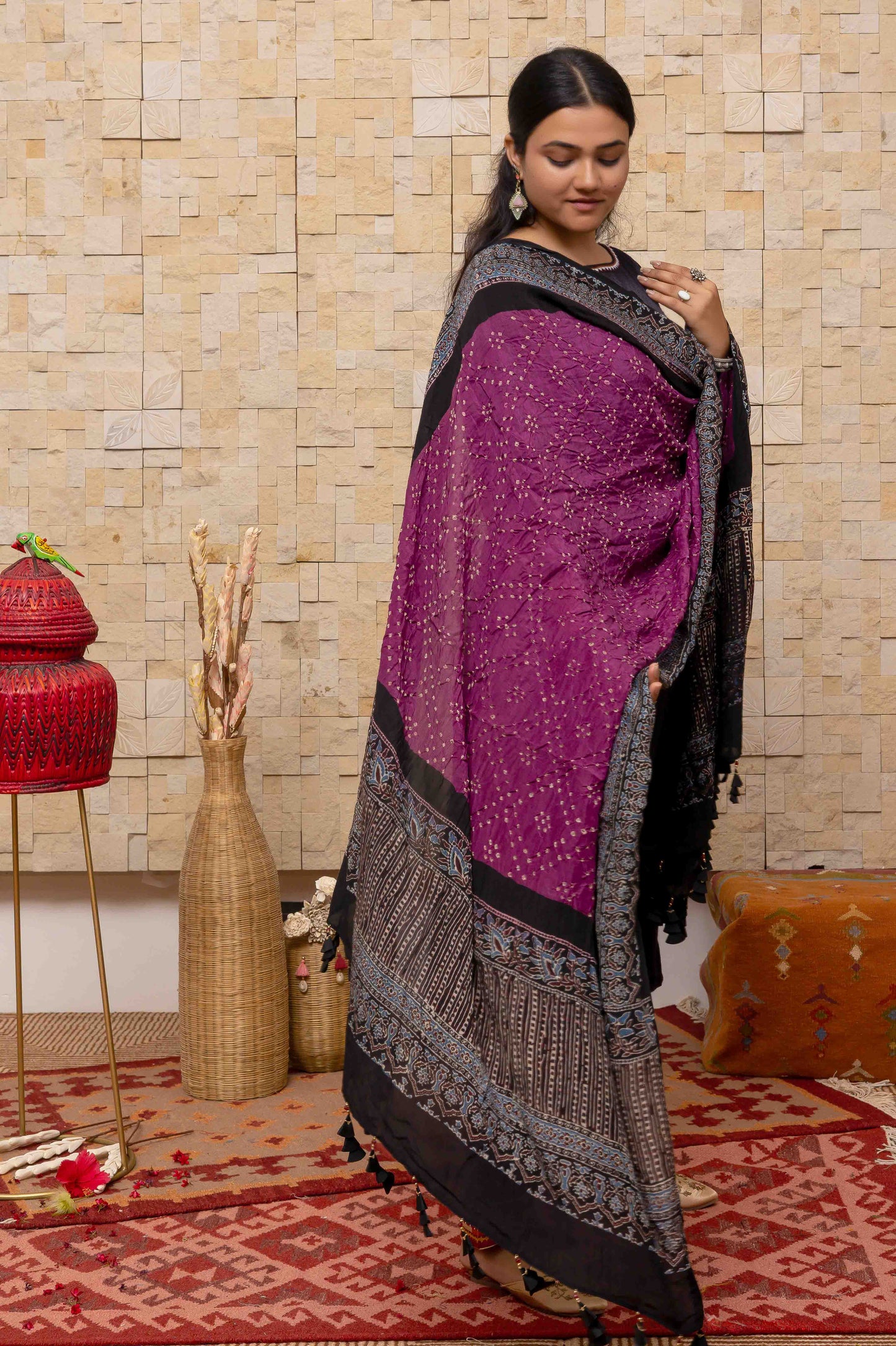 Ajrakh Bandhani Dupatta In Purple With Handmade Tassels