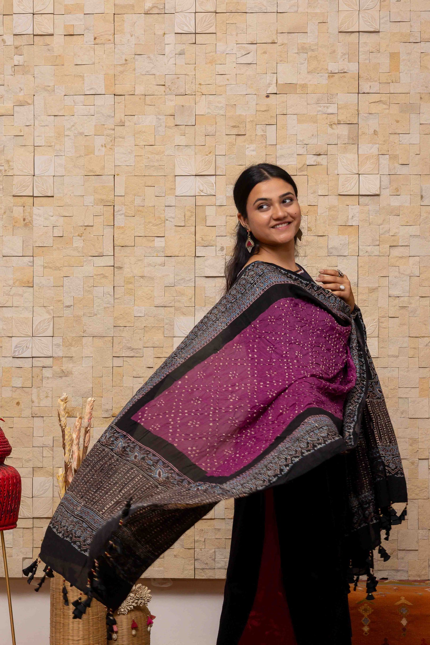 Ajrakh Bandhani Dupatta In Purple With Handmade Tassels