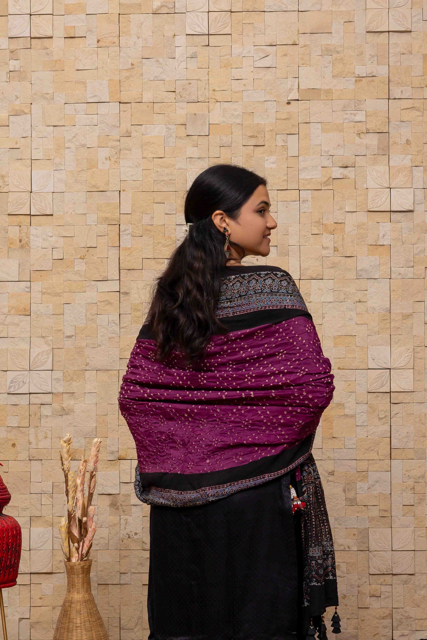 Ajrakh Bandhani Dupatta In Purple With Handmade Tassels