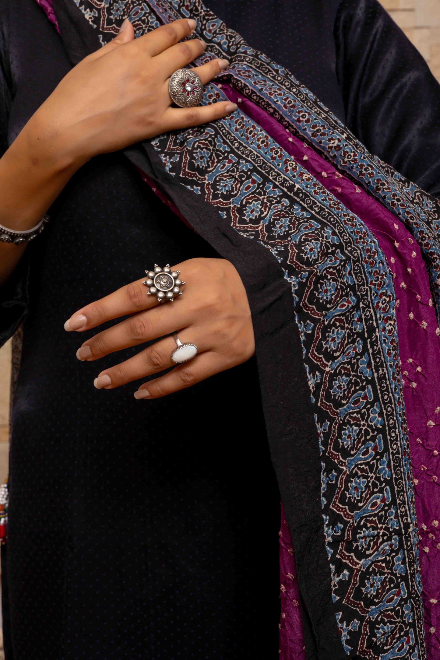 Ajrakh Bandhani Dupatta In Purple With Handmade Tassels