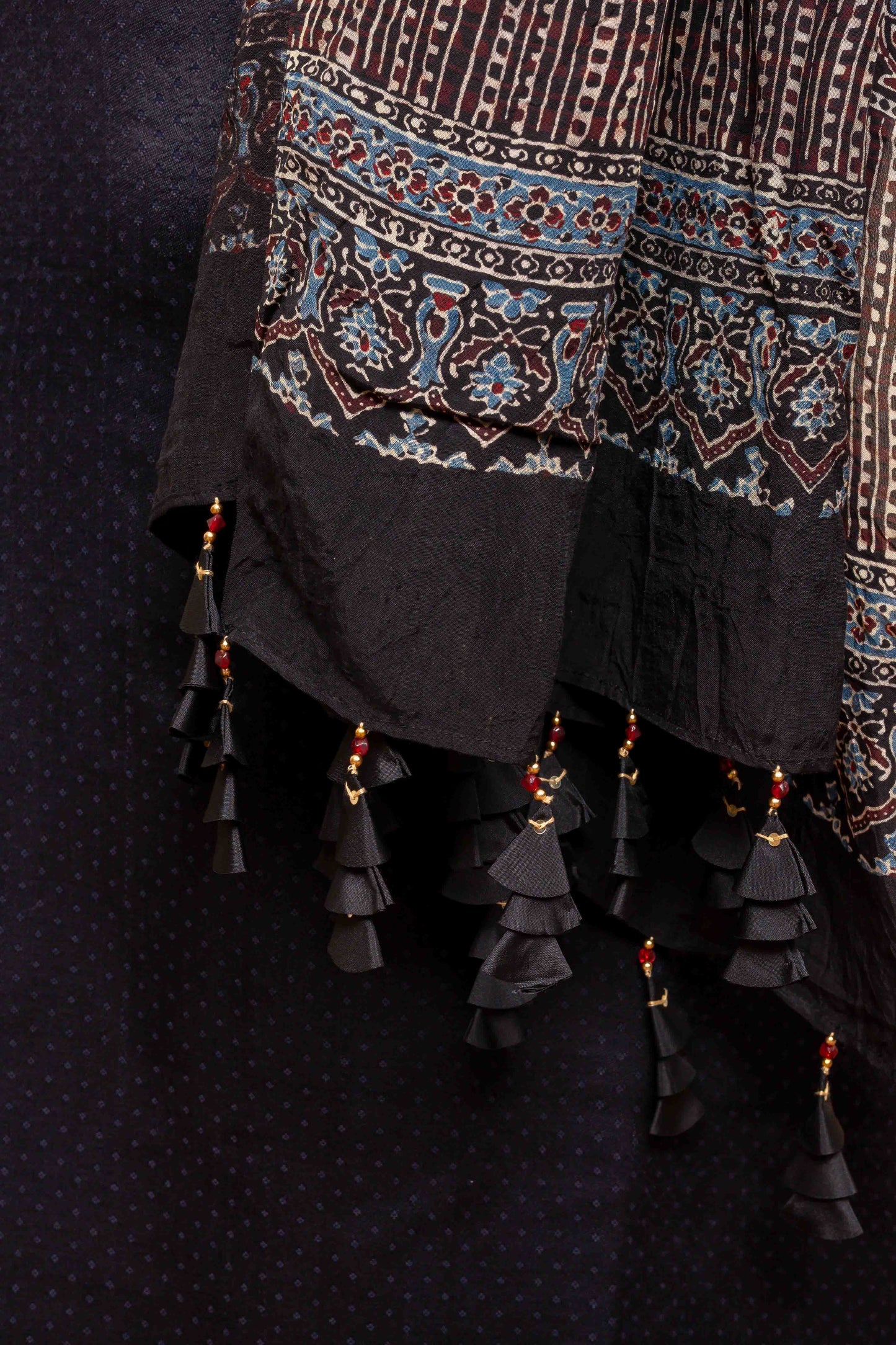 Ajrakh Bandhani Dupatta In Purple With Handmade Tassels