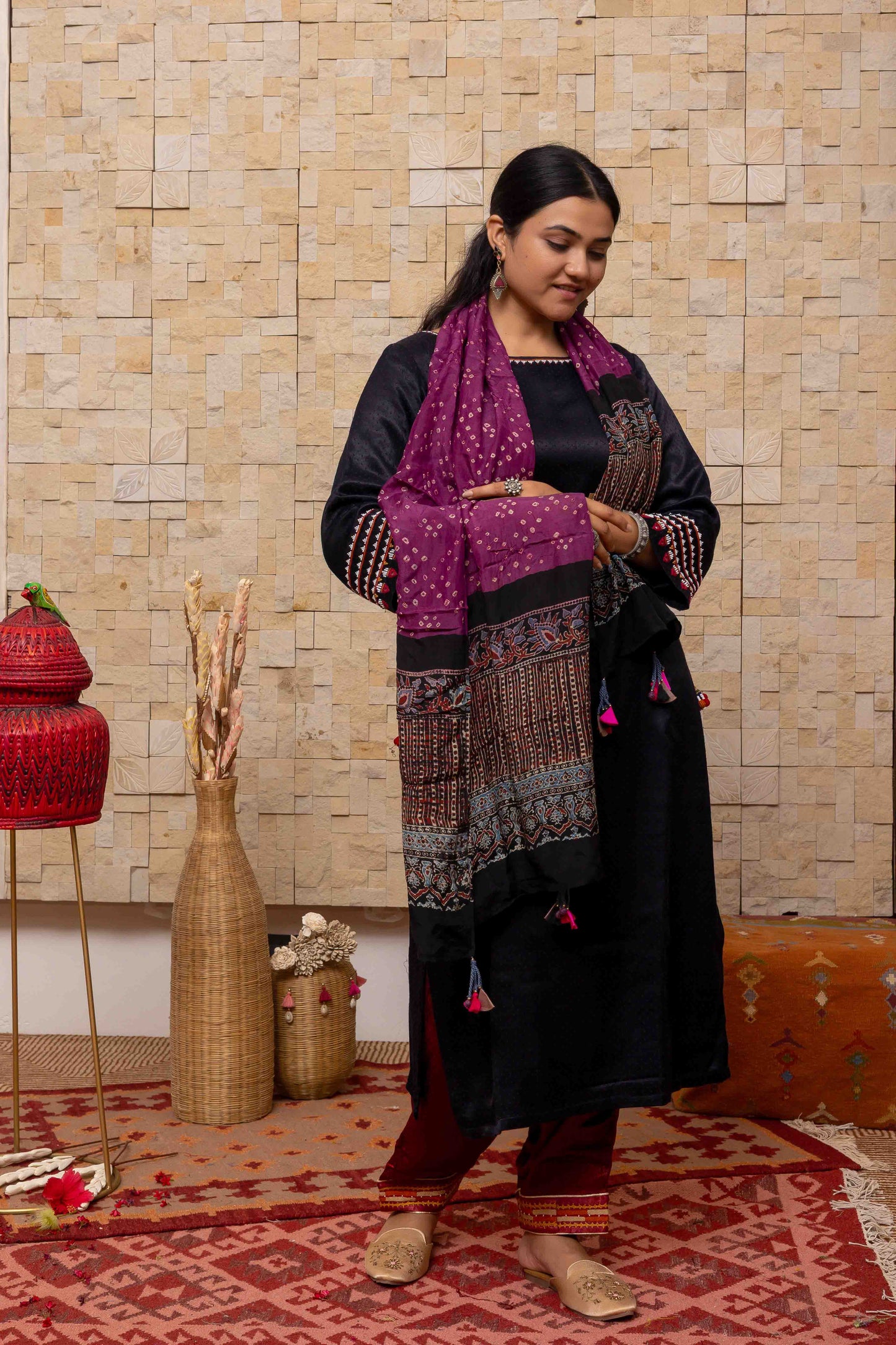 Deep Purple Ajrakh Bandhani Stole With Tassels
