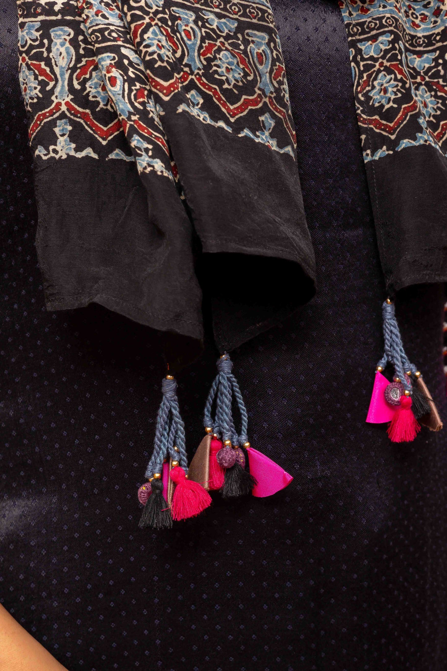 Deep Purple Ajrakh Bandhani Stole With Tassels