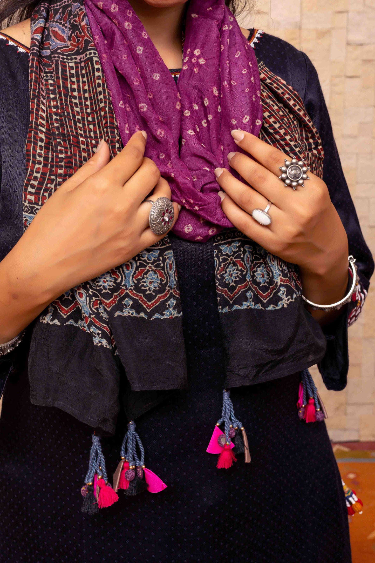 Deep Purple Ajrakh Bandhani Stole With Tassels
