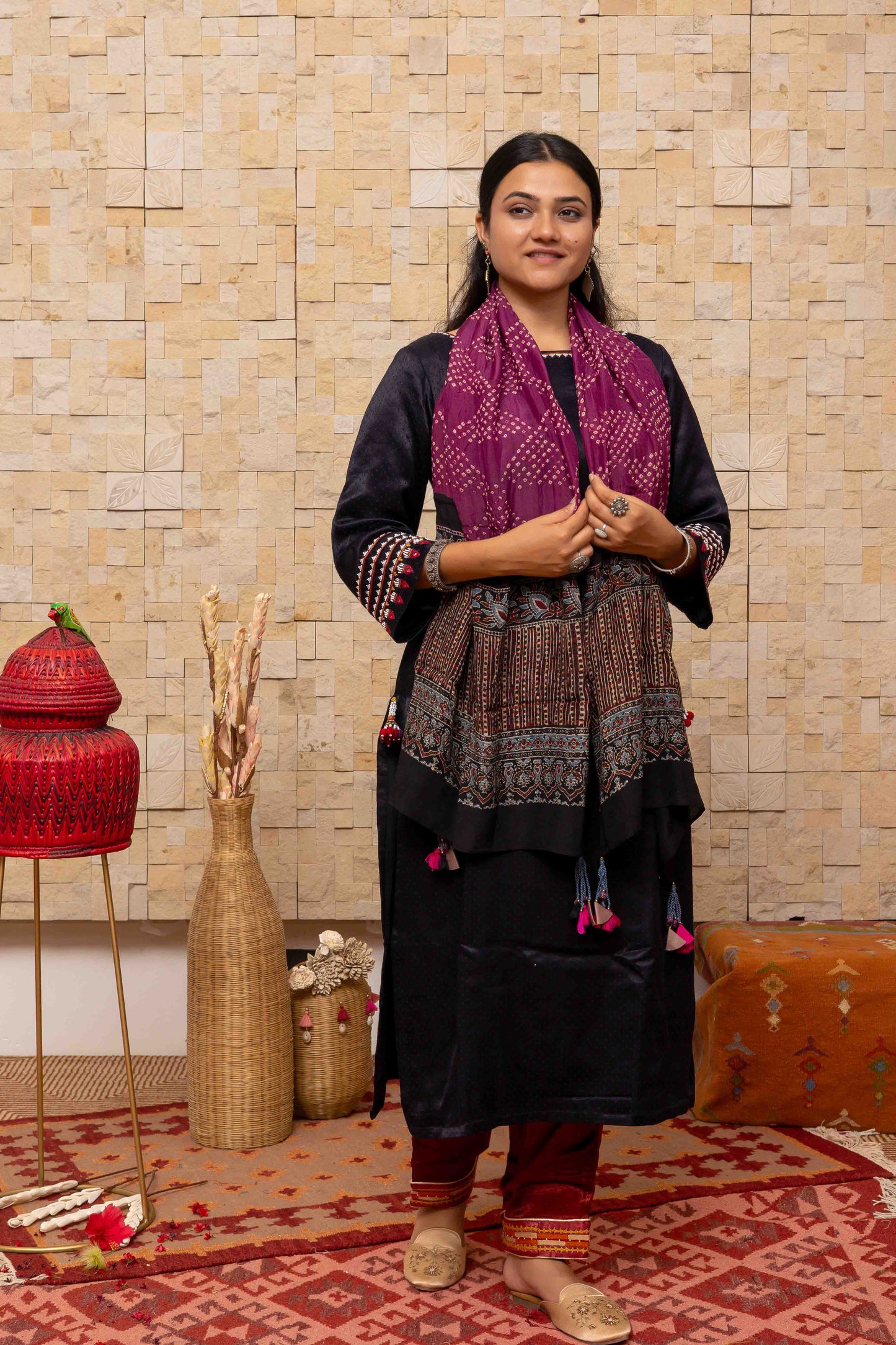 Purple Ajrakh Bandhani Stole With Handcrafted Tassels