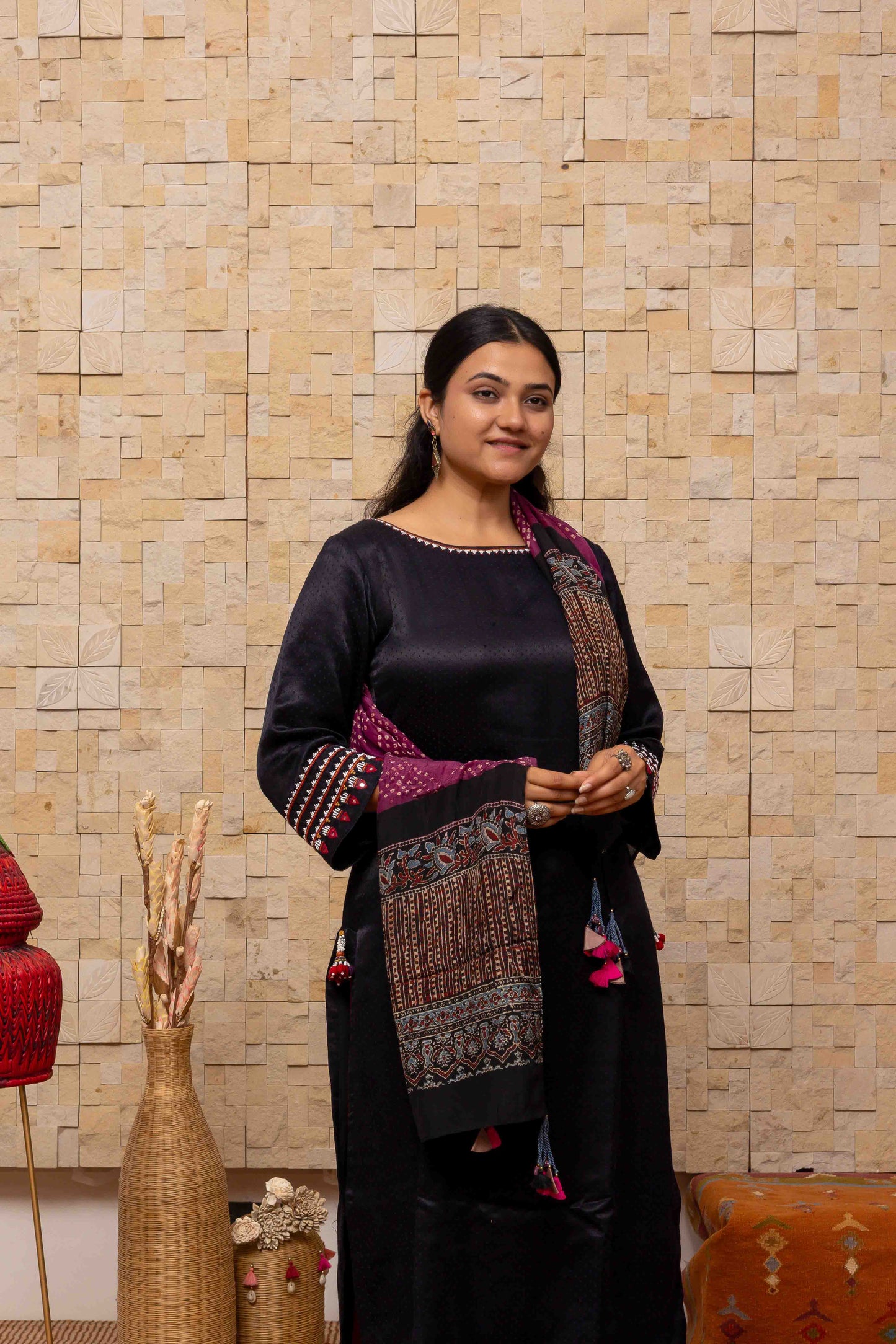 Purple Ajrakh Bandhani Stole With Handcrafted Tassels