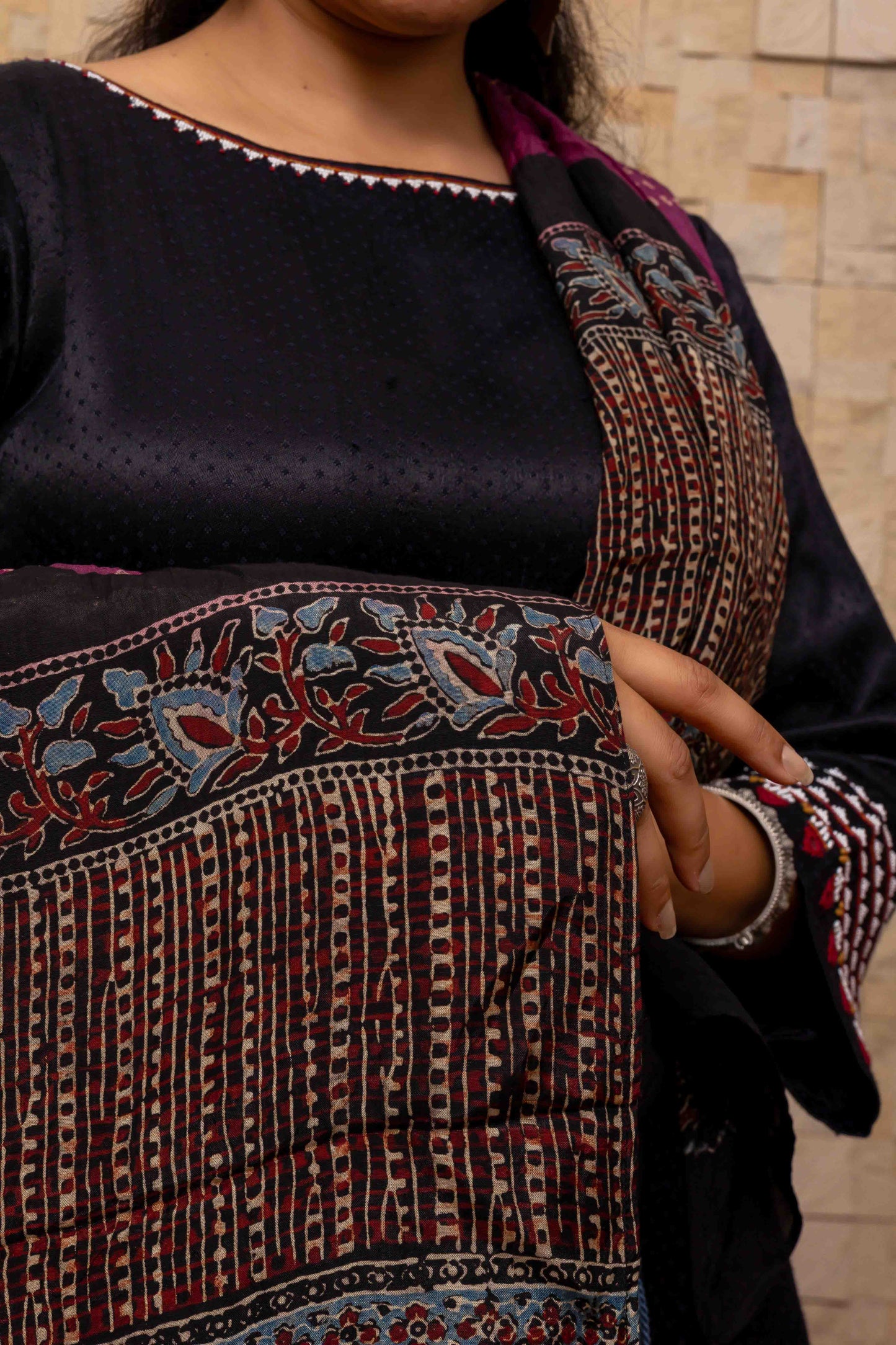 Purple Ajrakh Bandhani Stole With Handcrafted Tassels