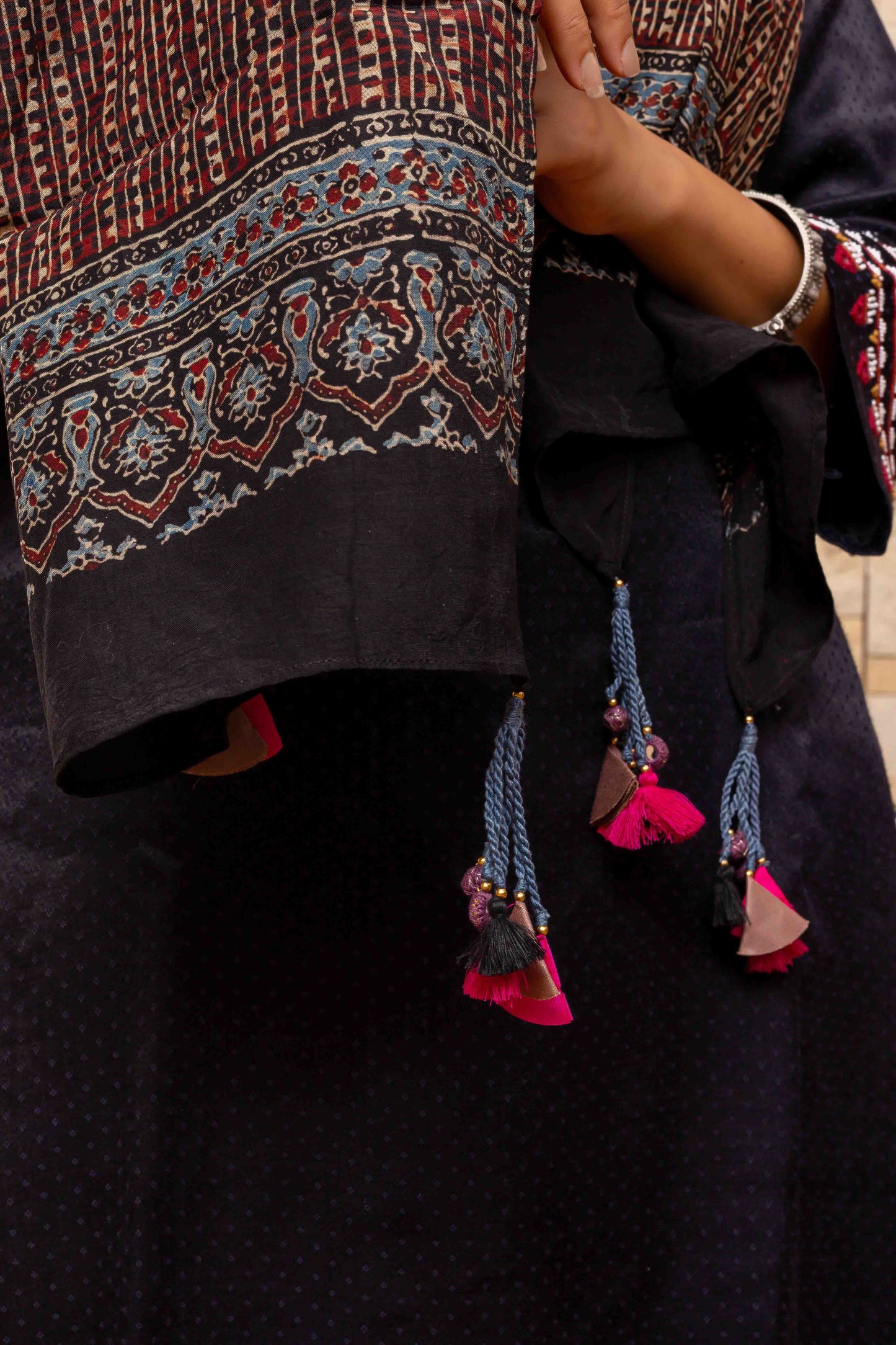 Purple Ajrakh Bandhani Stole With Handcrafted Tassels