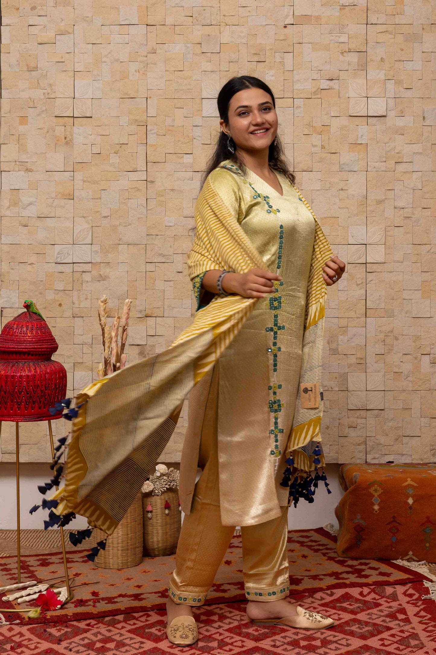 Block-printed Dupatta in Cream with Yellow and Grey contrast and Tassels