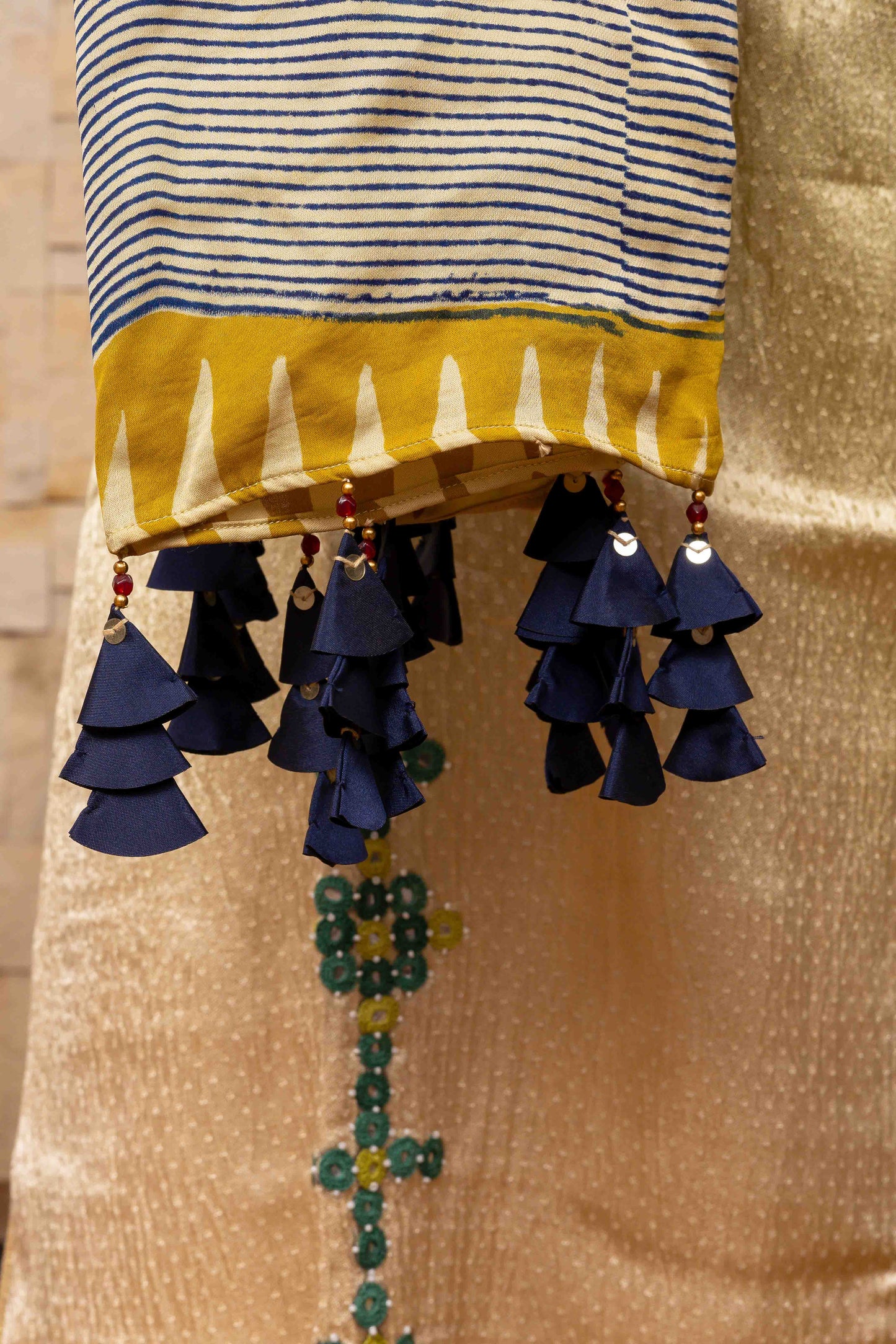 Block-printed Dupatta in Cream with Yellow and Grey contrast and Tassels