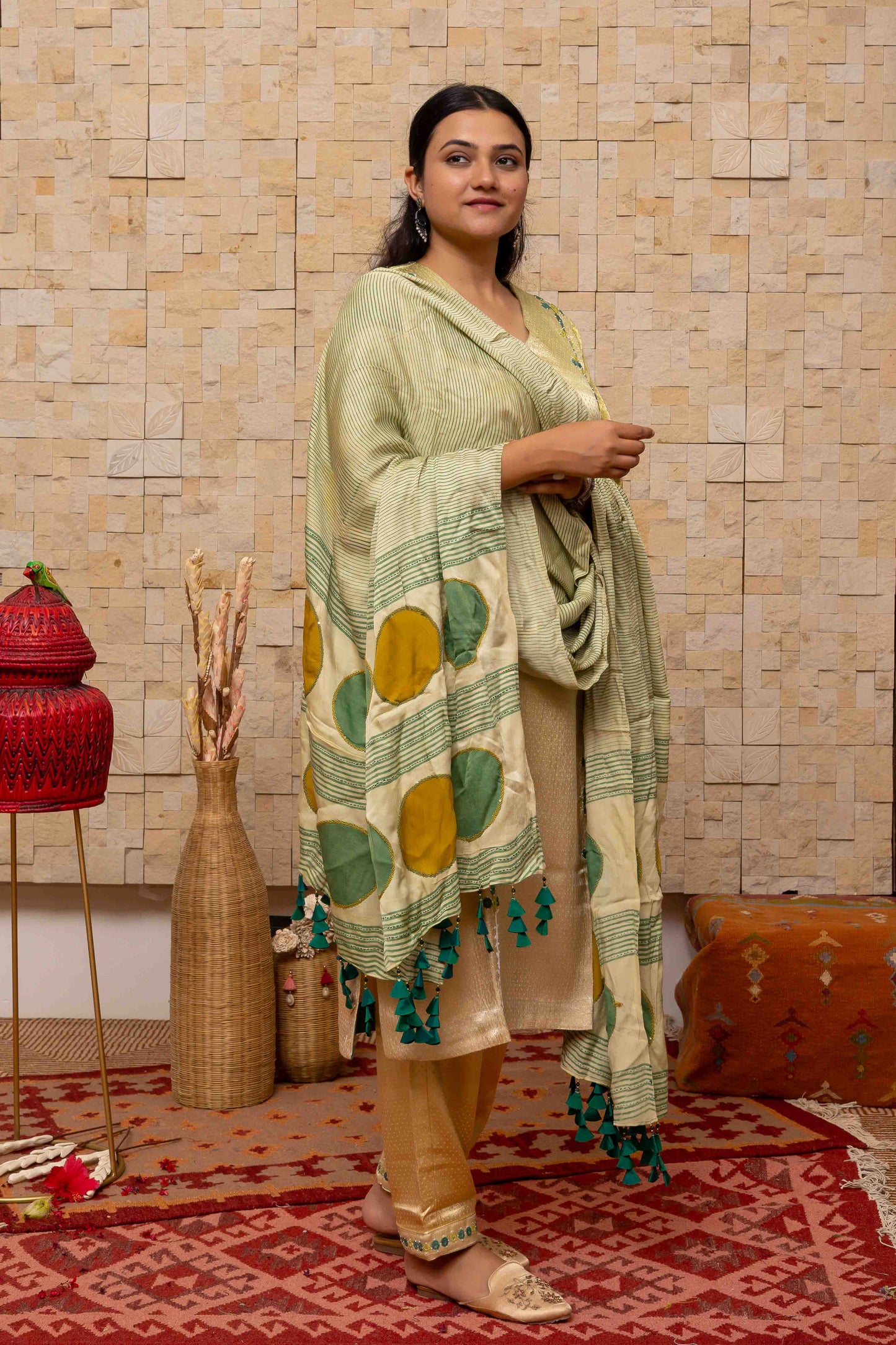 Cream Dupatta with Green-Yellow block-printed design and Tassels
