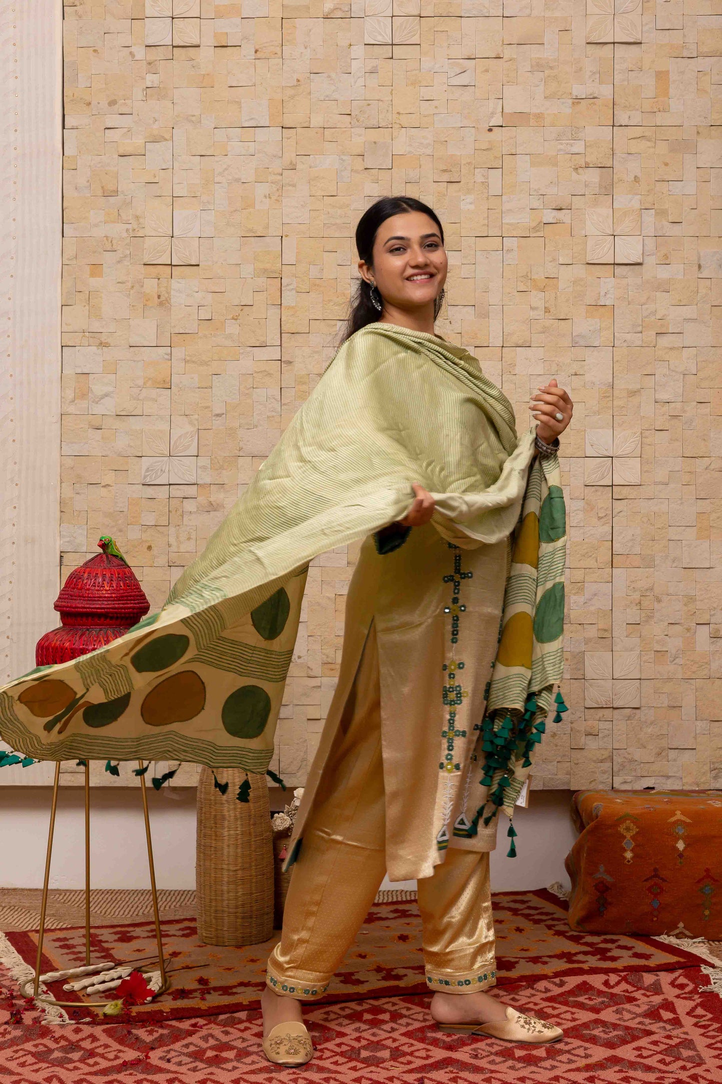 Cream Dupatta with Green-Yellow block-printed design and Tassels